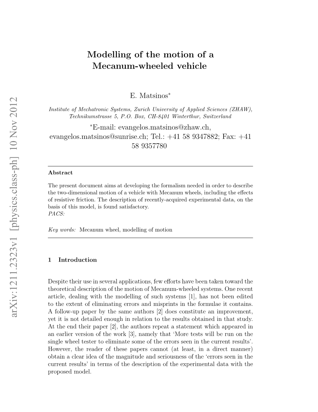 Modelling of the Motion of a Mecanum-Wheeled Vehicle