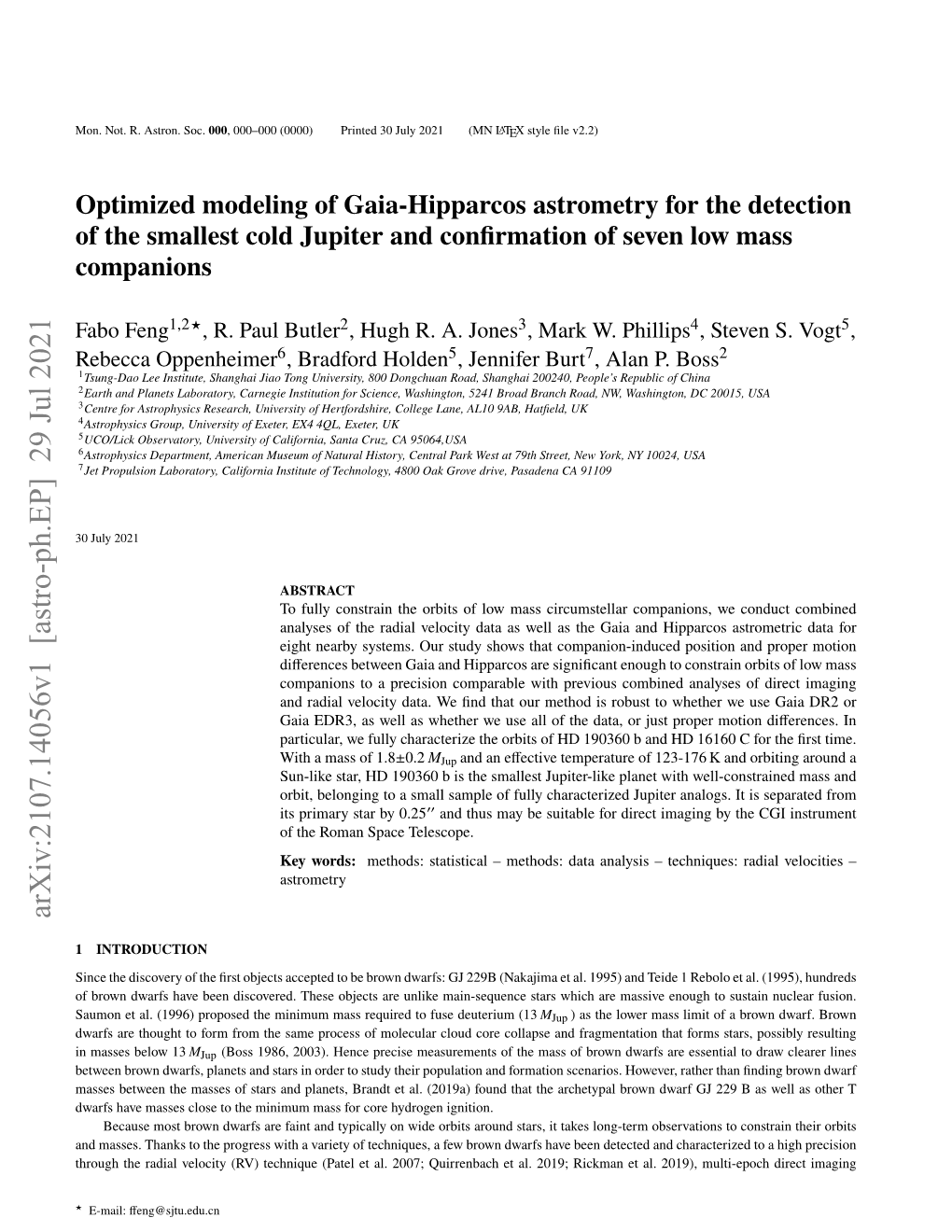 Optimized Modeling of Gaia-Hipparcos Astrometry for the Detection of the Smallest Cold Jupiter and Conﬁrmation of Seven Low Mass Companions