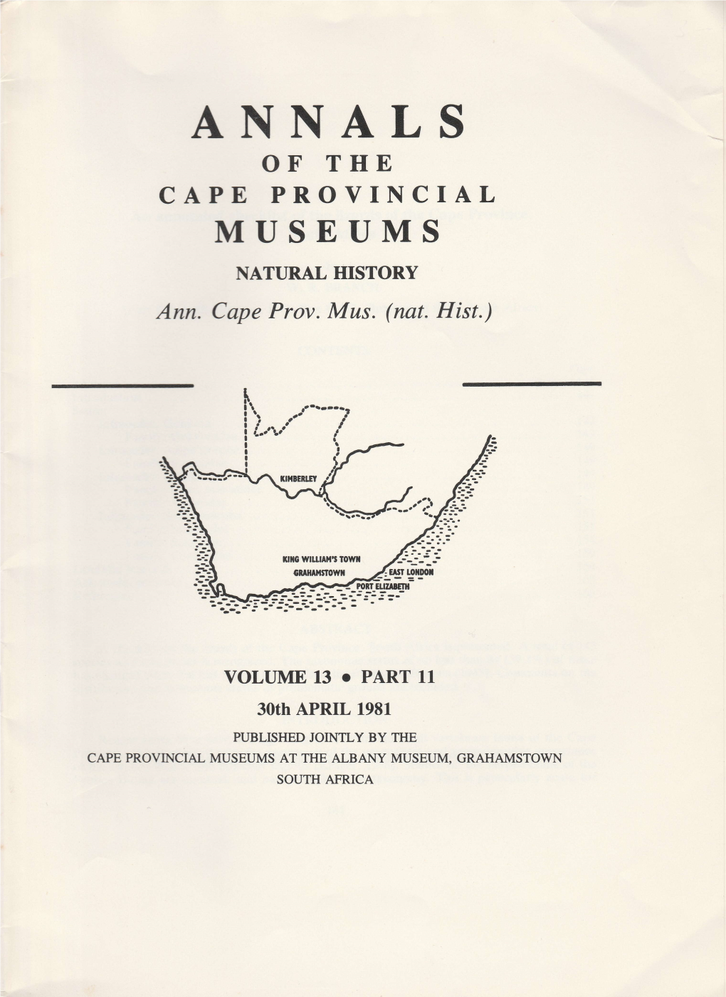 ANNALS of the CAPE PROVINCIAL MUSEUMS NATT]RAL HISTORY Ann