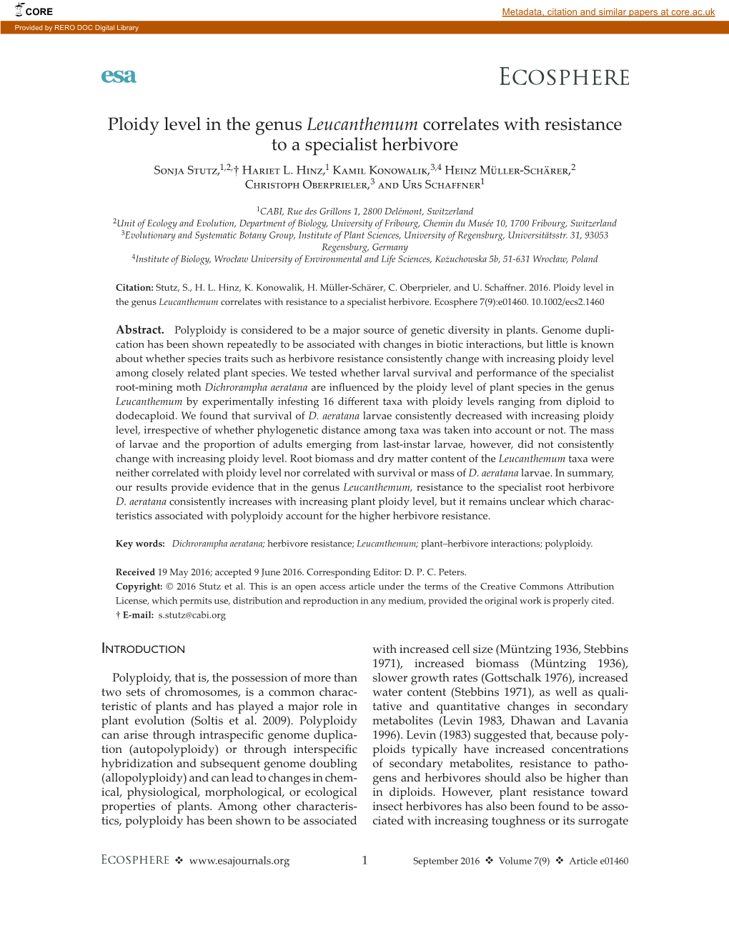 Ploidy Level in the Genus Leucanthemum Correlates with Resistance to a Specialist Herbivore Sonja Stutz,1,2,† Hariet L