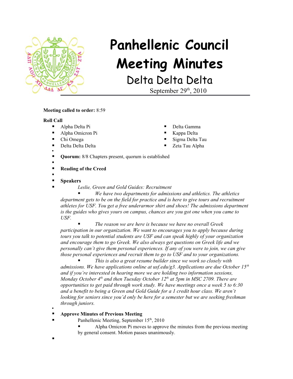 Panhellenic Council Meeting Minutes