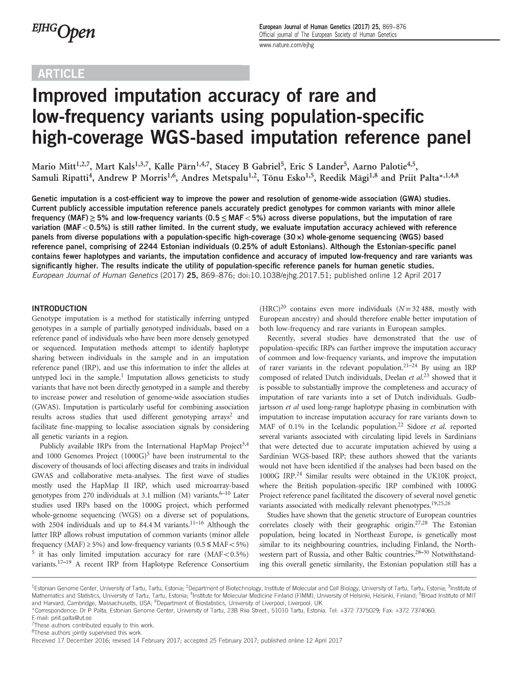 Improved Imputation Accuracy of Rare and Low-Frequency Variants Using Population-Speciﬁc High-Coverage WGS-Based Imputation Reference Panel