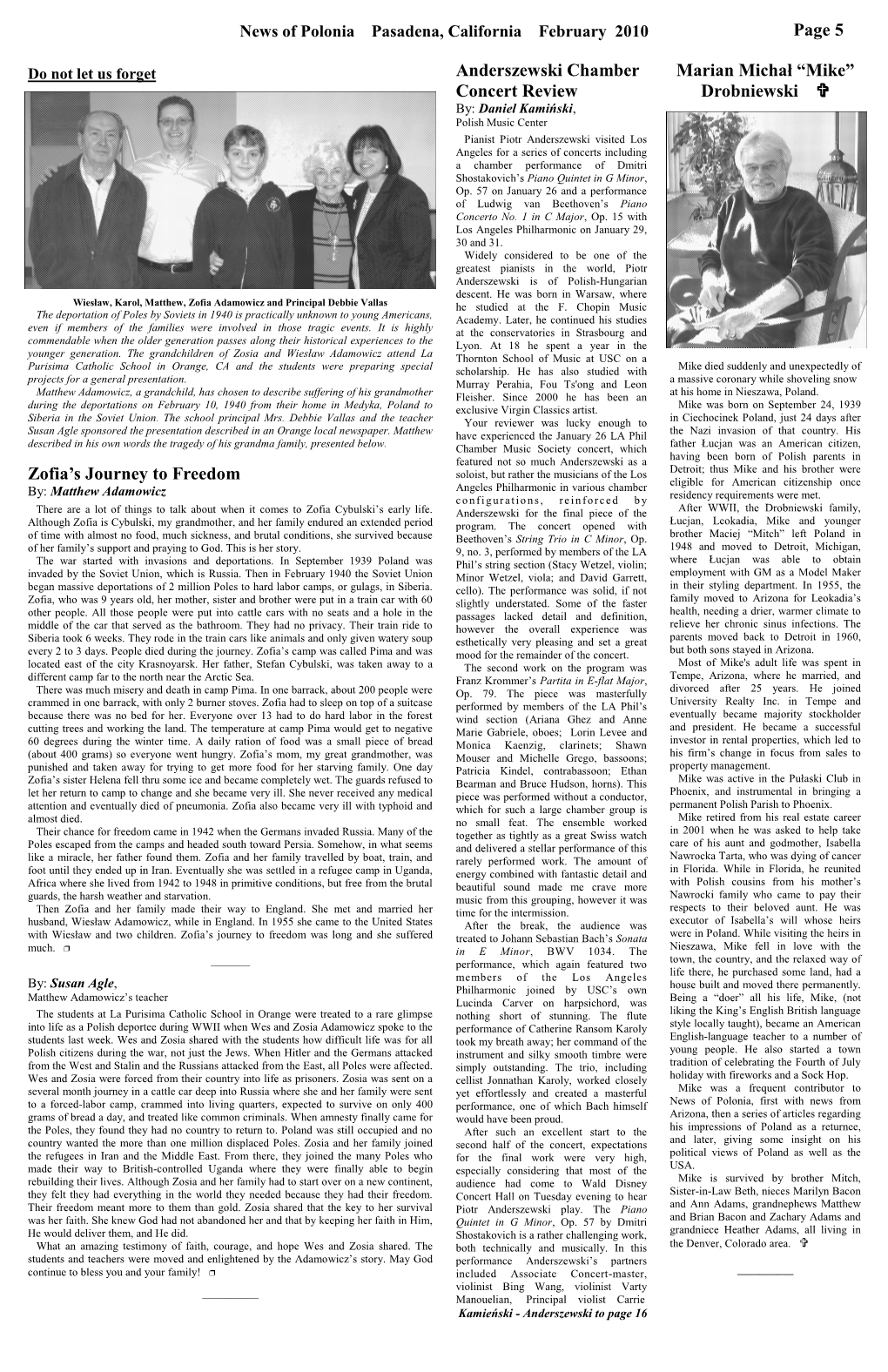 Page 5 Zofia's Journey to Freedom Marian Michał “Mike” Drobniewski Anderszewski Chamber Concert Review