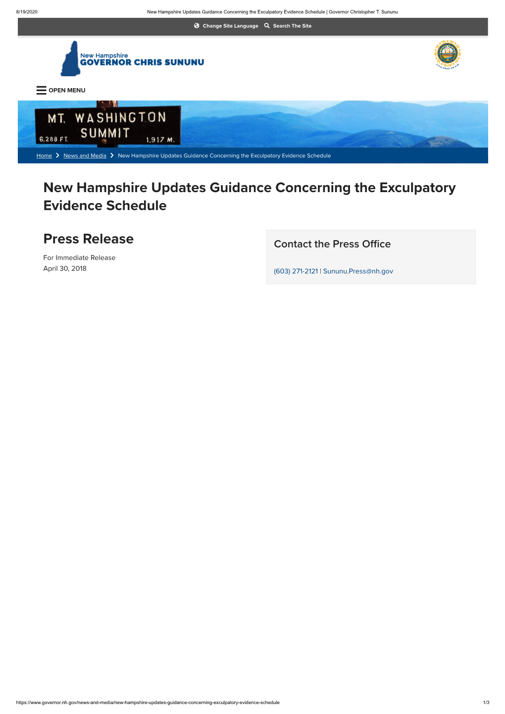 New Hampshire Updates Guidance Concerning the Exculpatory Evidence Schedule | Governor Christopher T. Sununu