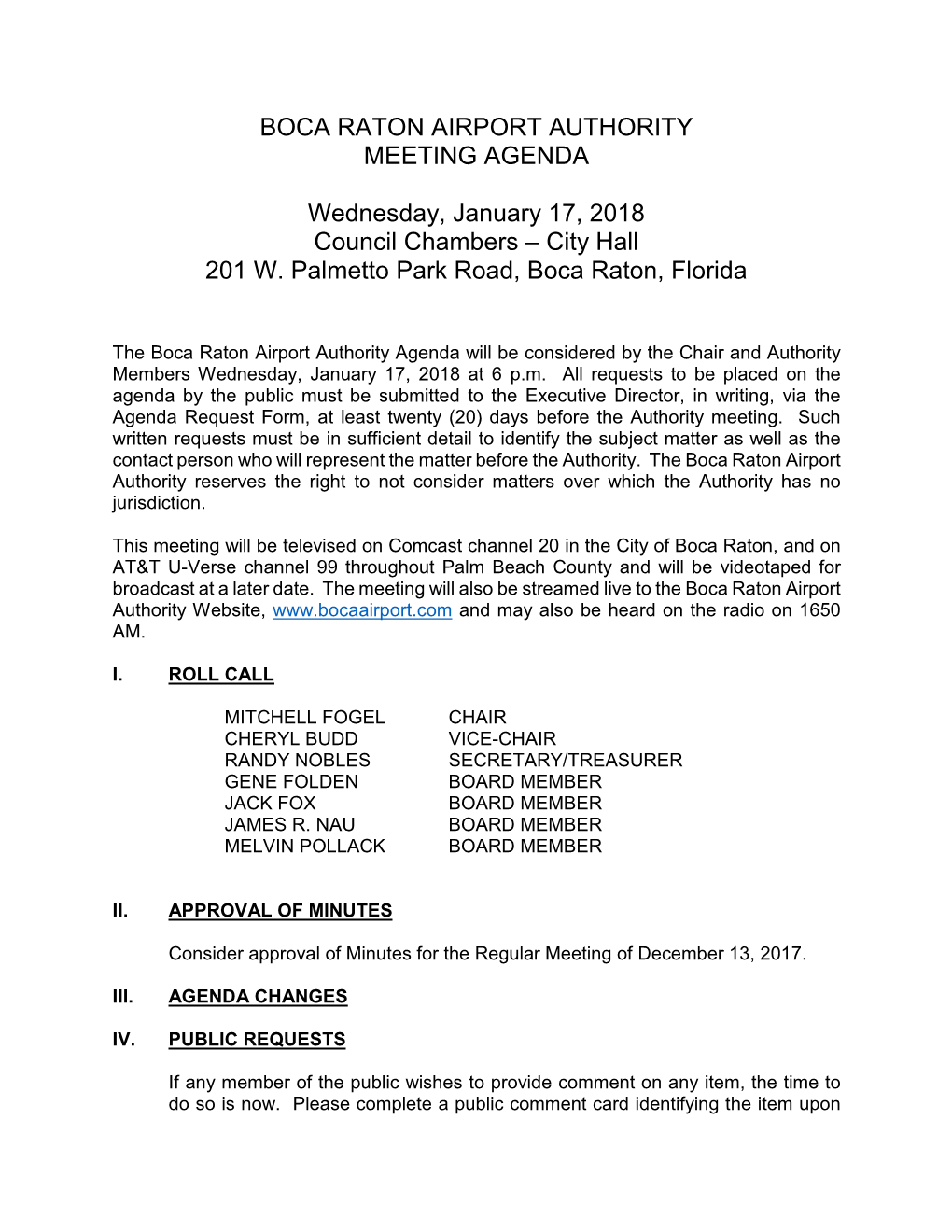 BOCA RATON AIRPORT AUTHORITY MEETING AGENDA Wednesday