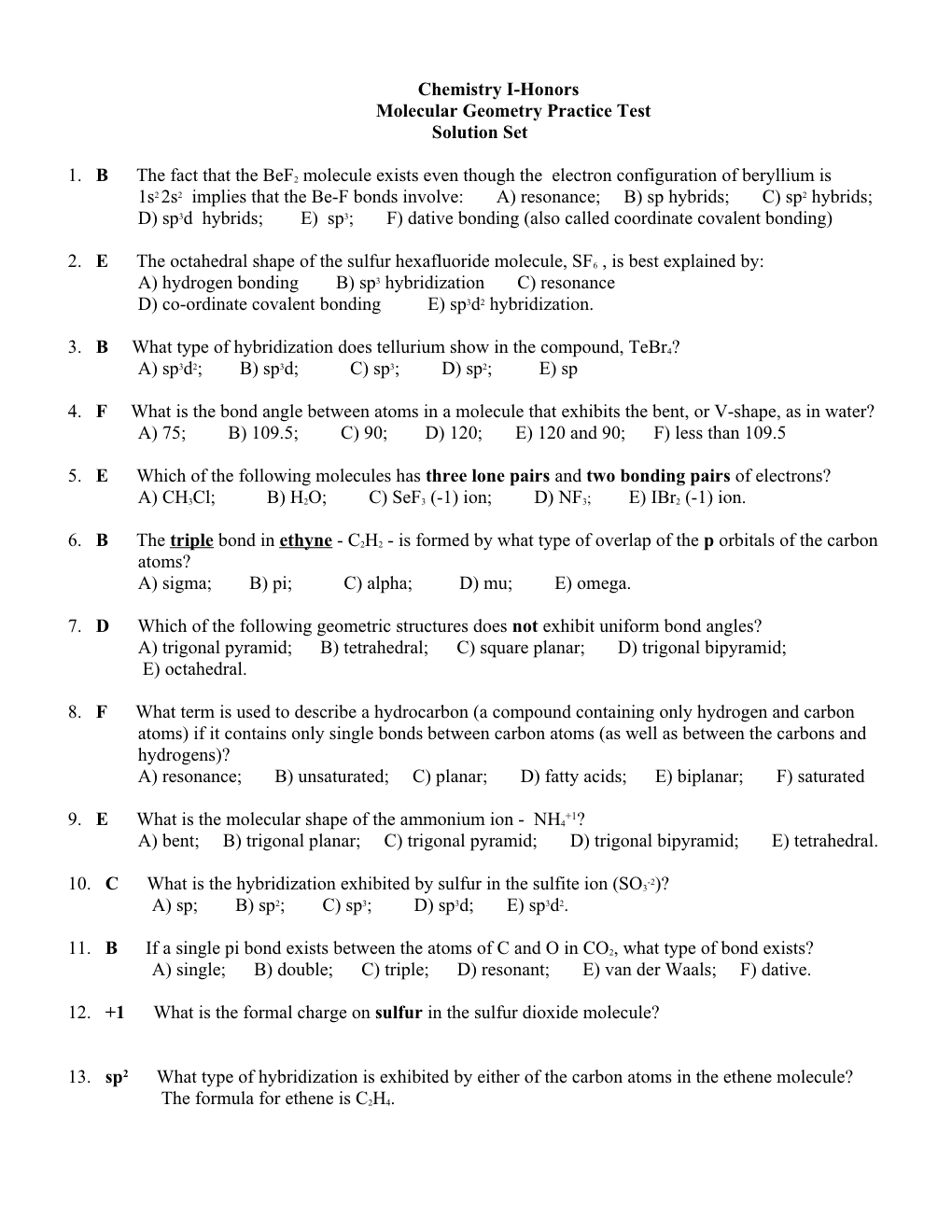 Molecular Geometry Practice Test