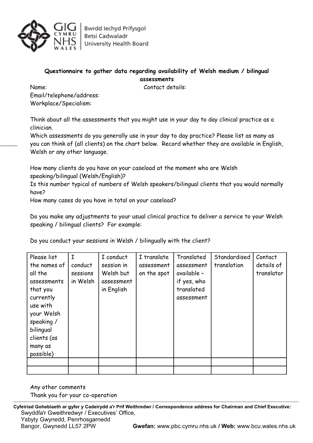 Questionnaire to Gather Data Regarding Availability of Welsh Medium / Bilingual Assessments