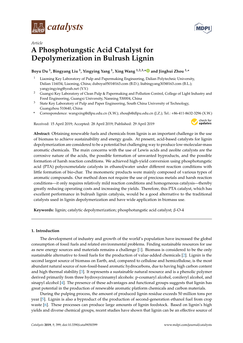 A Phosphotungstic Acid Catalyst for Depolymerization in Bulrush Lignin