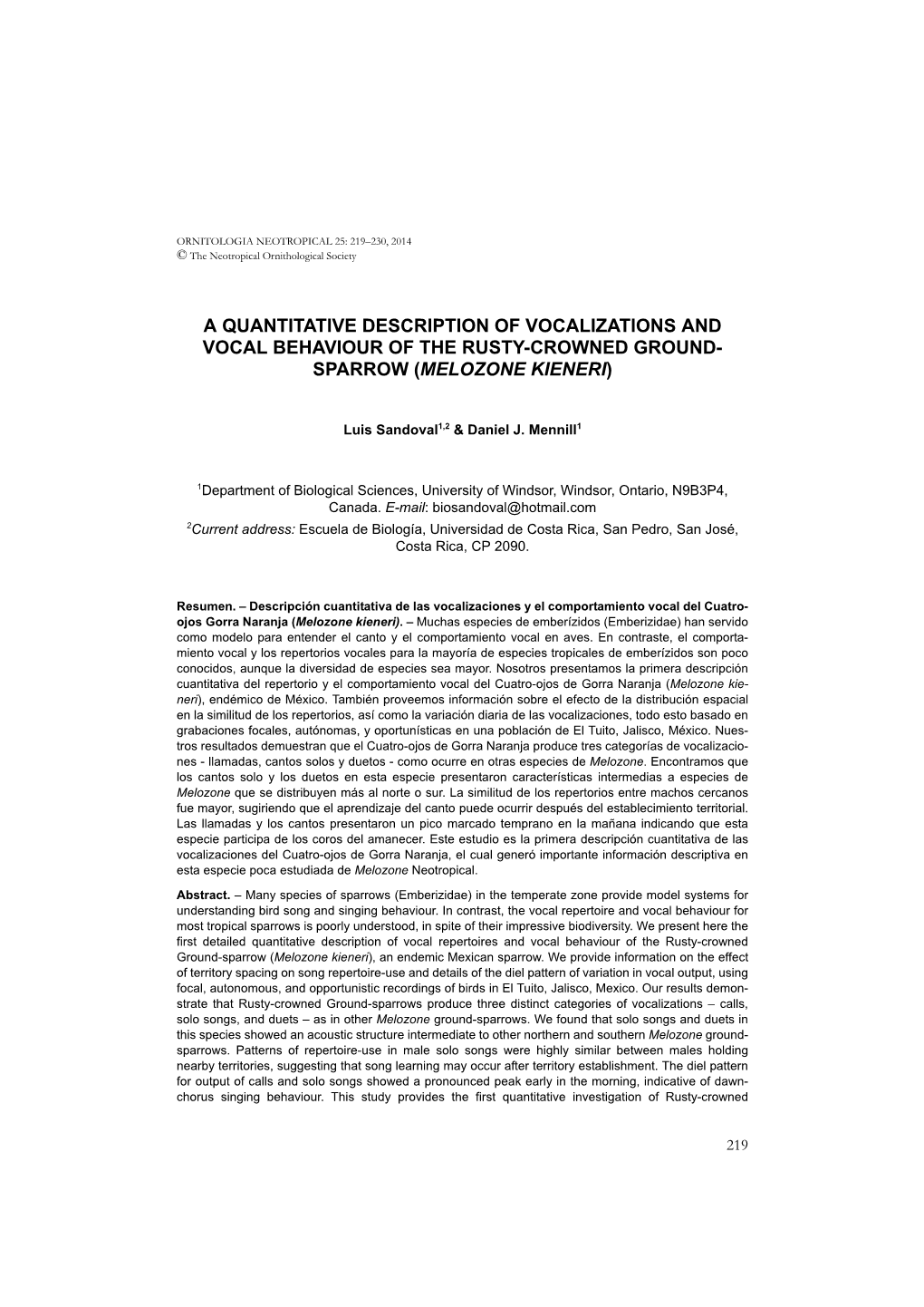 A Quantitative Description of Vocalizations and Vocal Behaviour of the Rusty-Crowned Ground-Sparrow