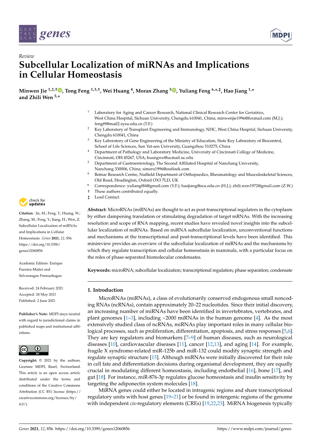 Subcellular Localization of Mirnas and Implications in Cellular Homeostasis