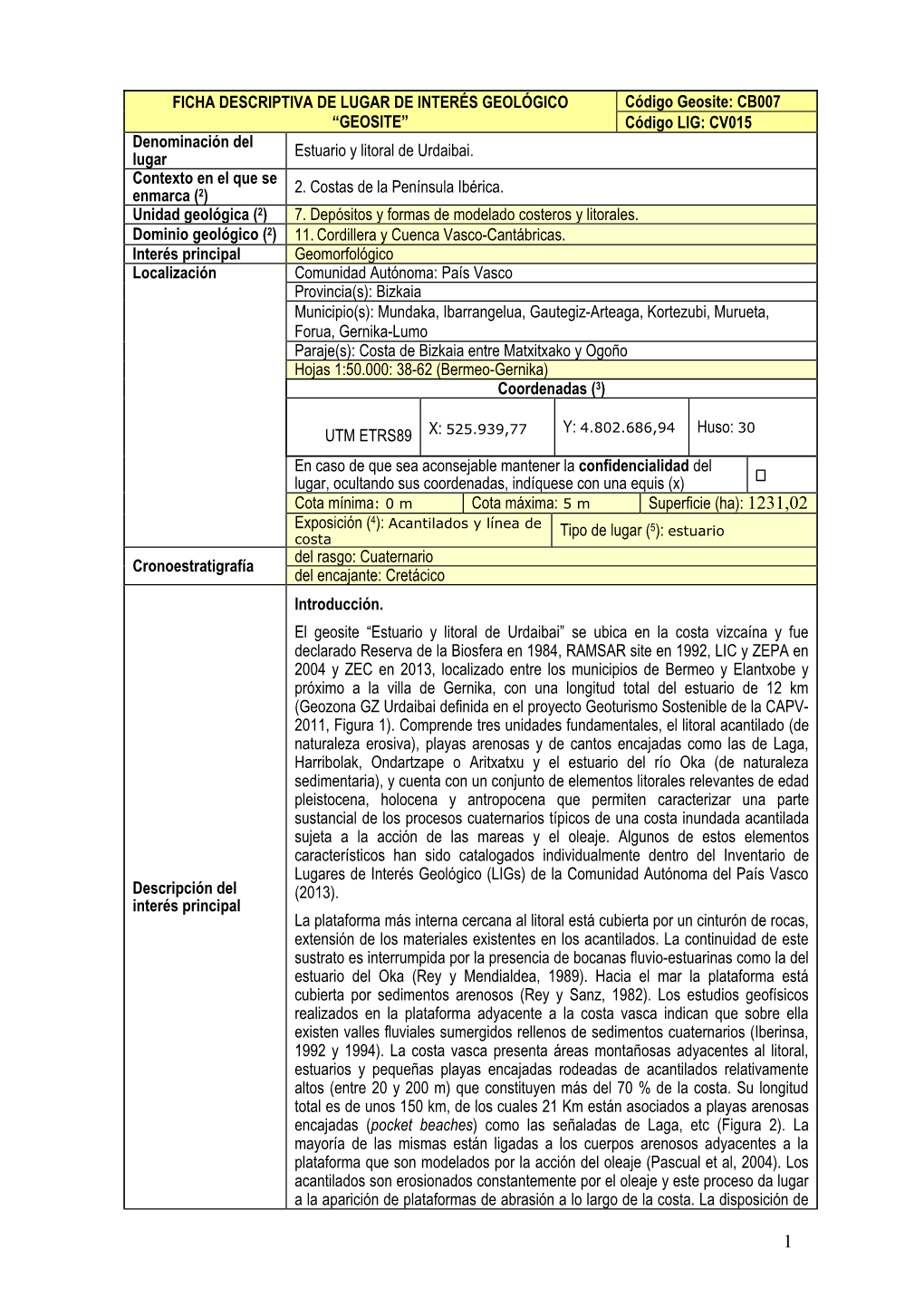 Código Geosite: CB007 Código LIG: CV015 Denominación Del