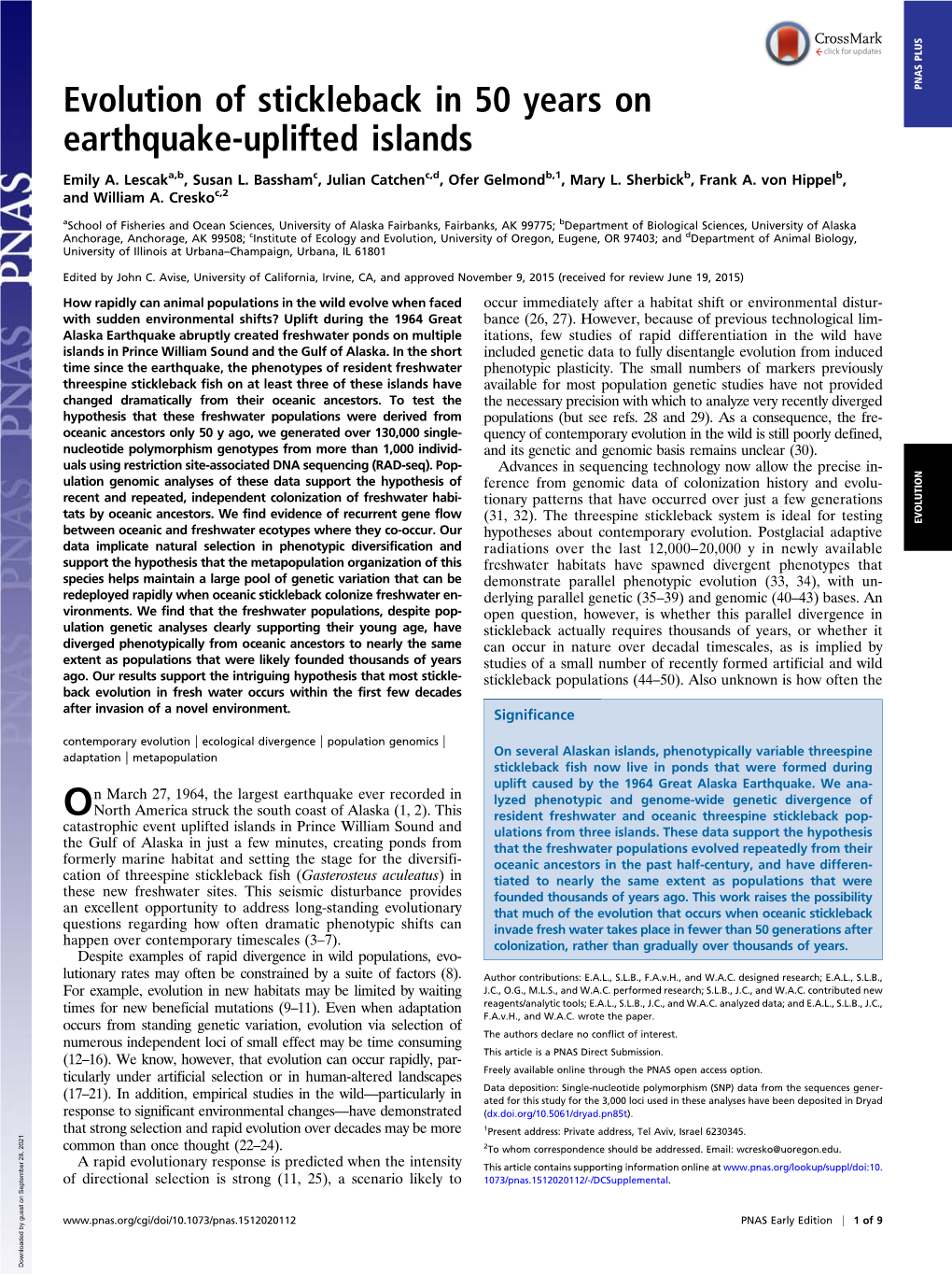 Evolution of Stickleback in 50 Years on Earthquake-Uplifted Islands