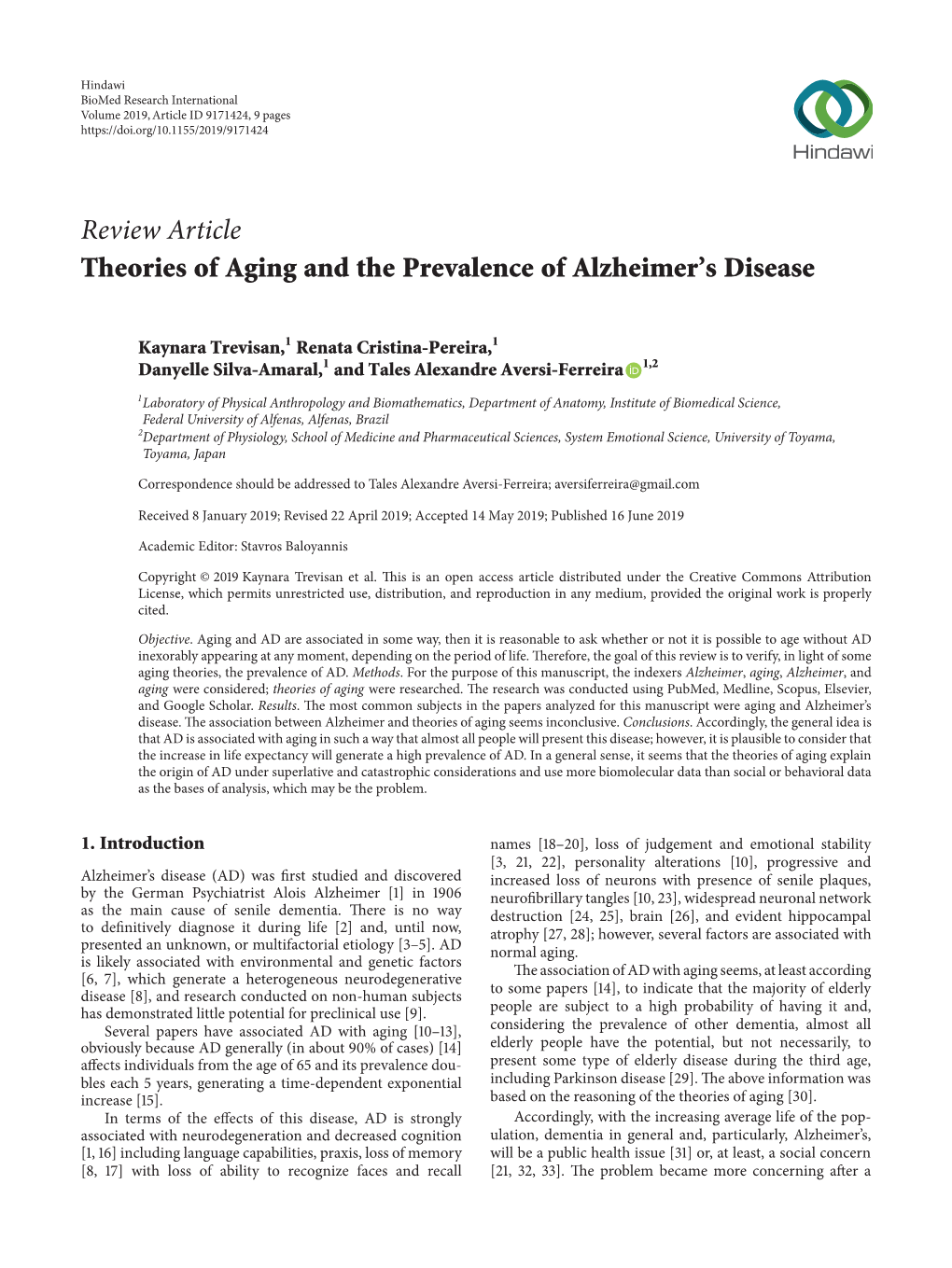 Review Article Theories of Aging and the Prevalence of Alzheimer's