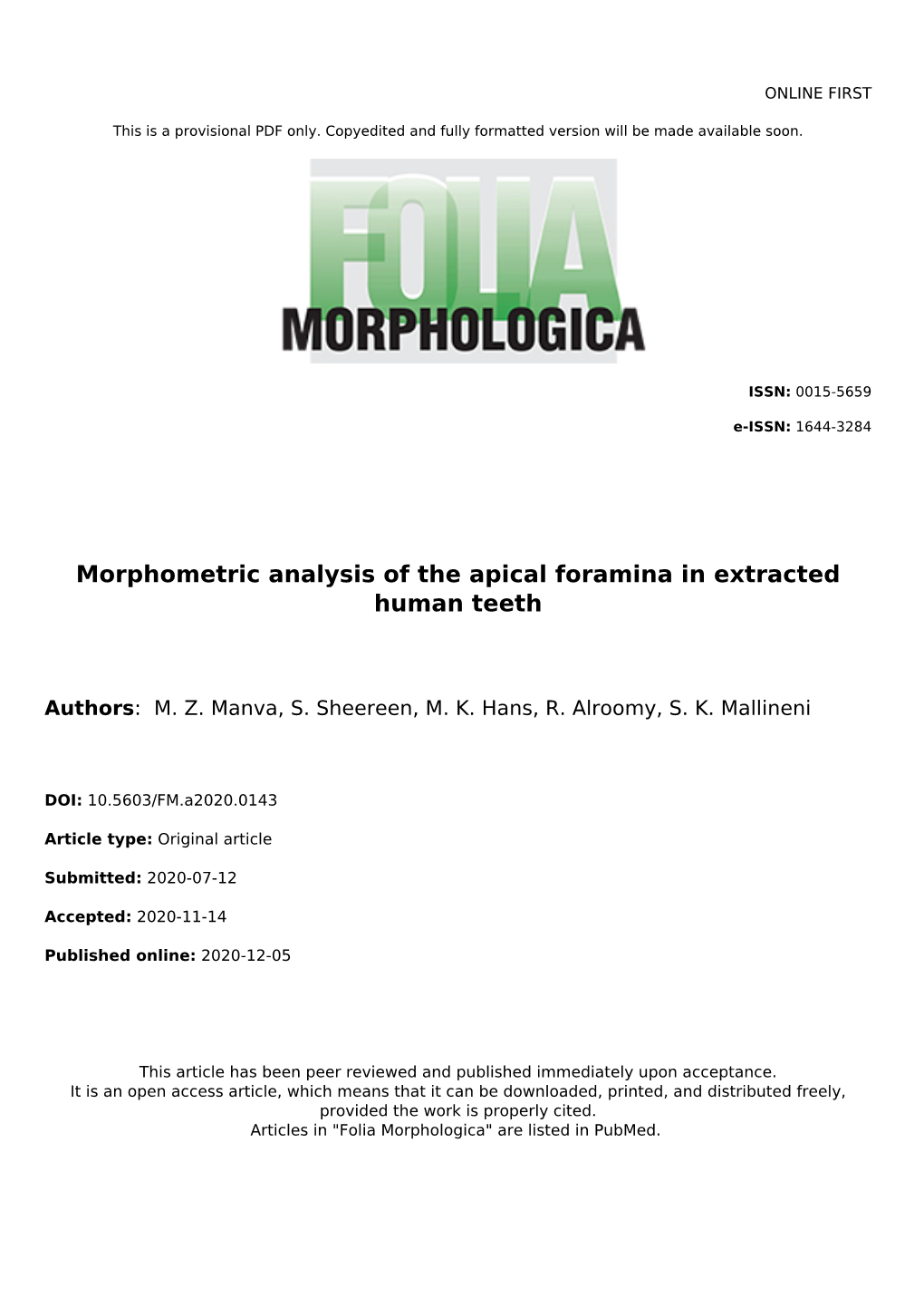 Morphometric Analysis of the Apical Foramina in Extracted Human Teeth
