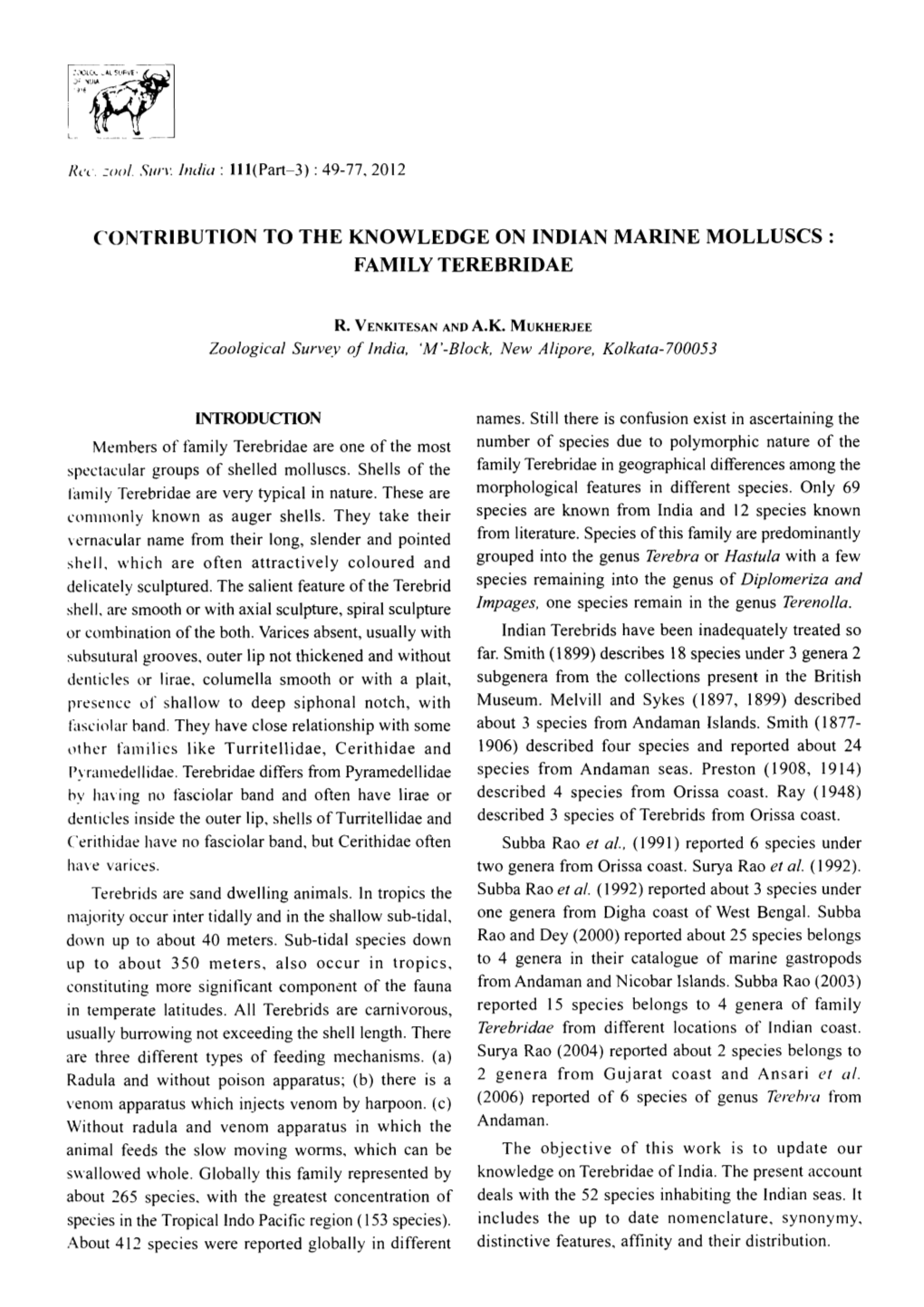 Contribution to the Knowledge on Indian Marine Molluscs: Family Terebridae