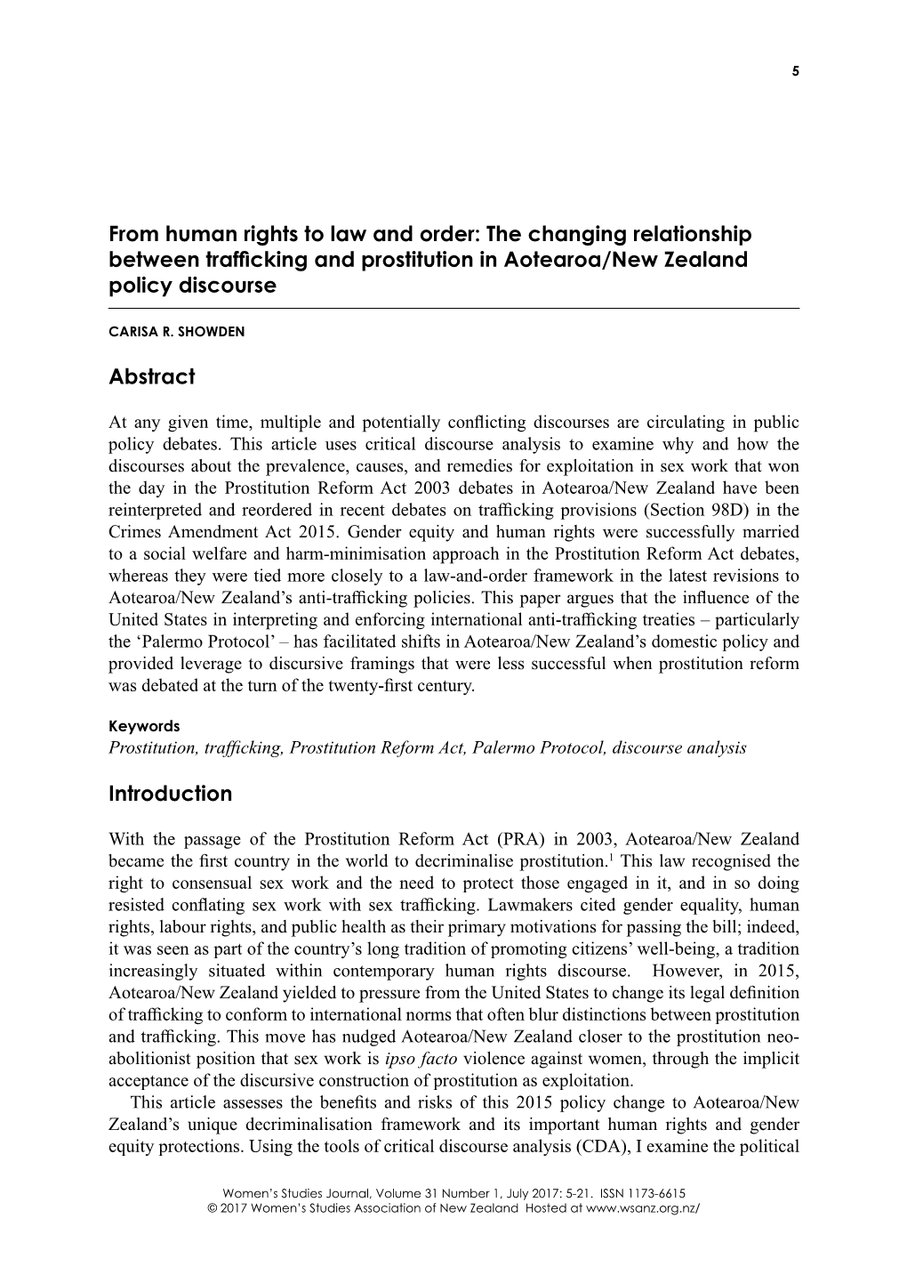 From Human Rights to Law and Order: the Changing Relationship Between Trafficking and Prostitution in Aotearoa/New Zealand Policy Discourse