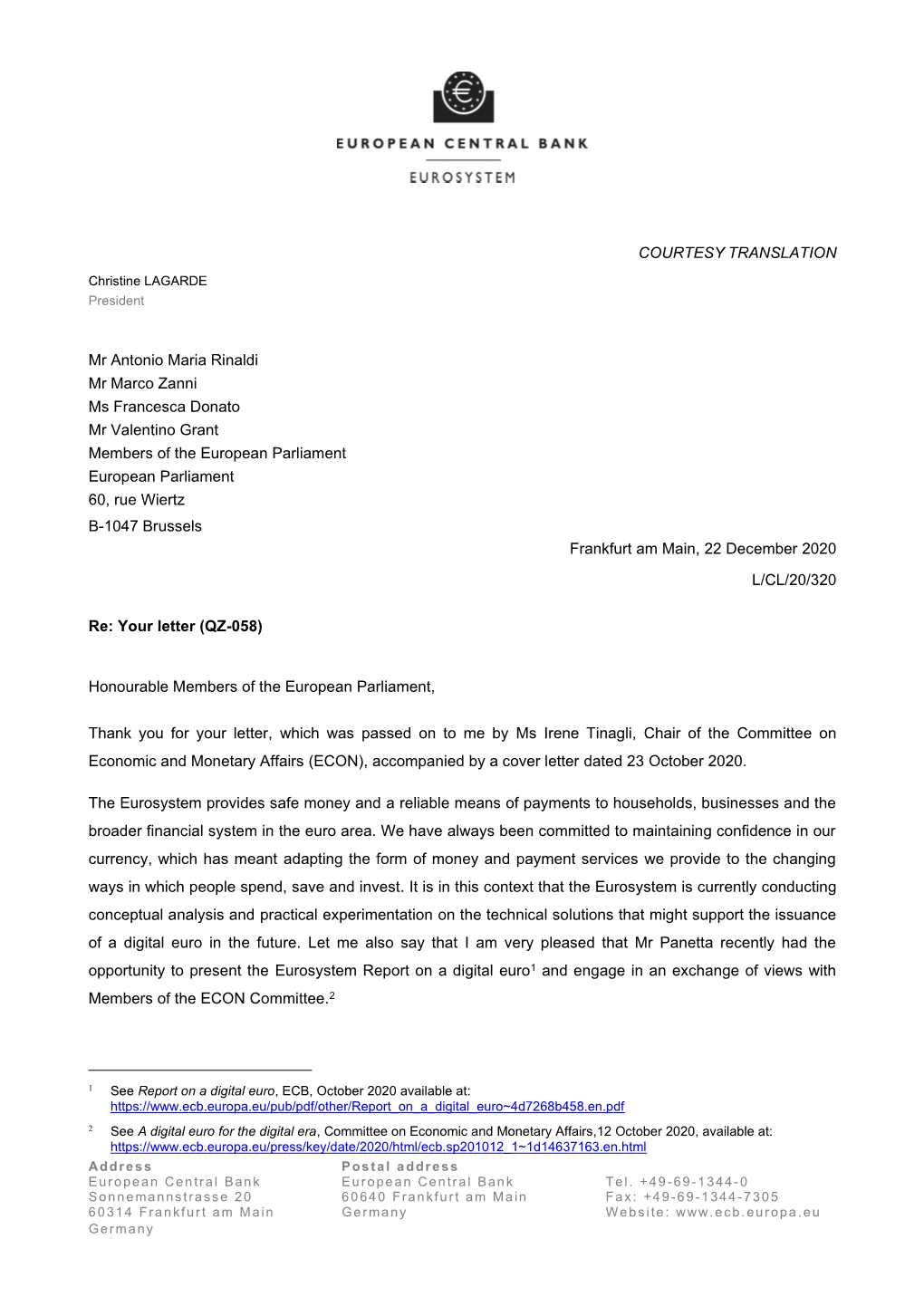 Letter from the ECB President to Mr Marco Zanni, Ms Francesca Donato