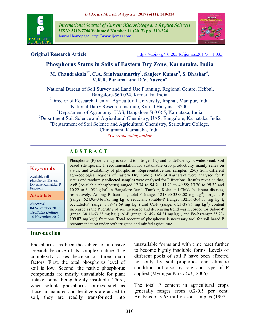 Phosphorus Status in Soils of Eastern Dry Zone, Karnataka, India