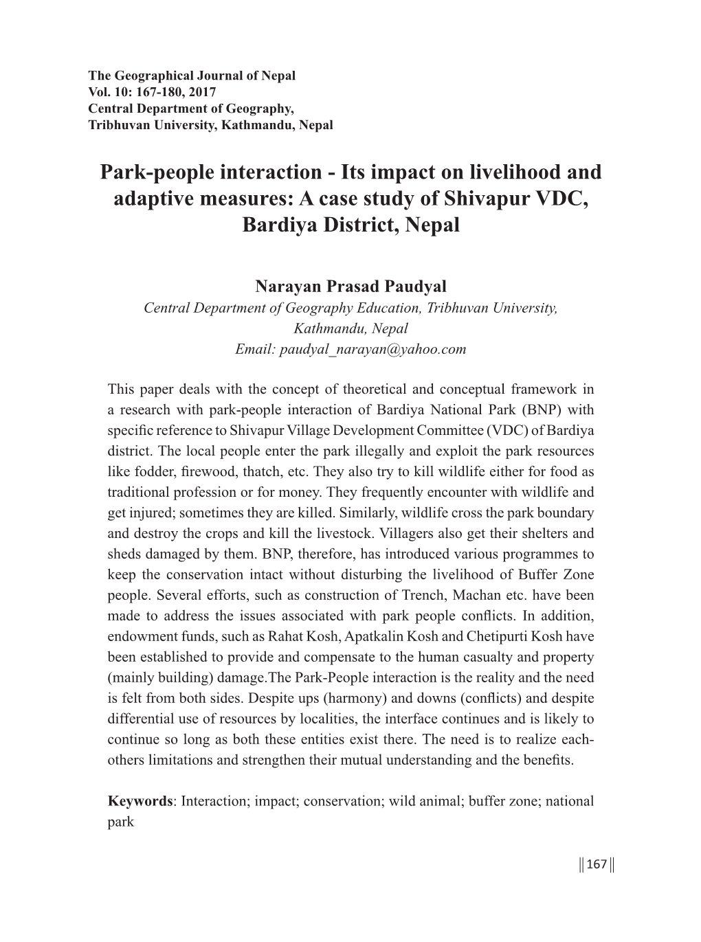 Park-People Interaction - Its Impact on Livelihood and Adaptive Measures: a Case Study of Shivapur VDC, Bardiya District, Nepal