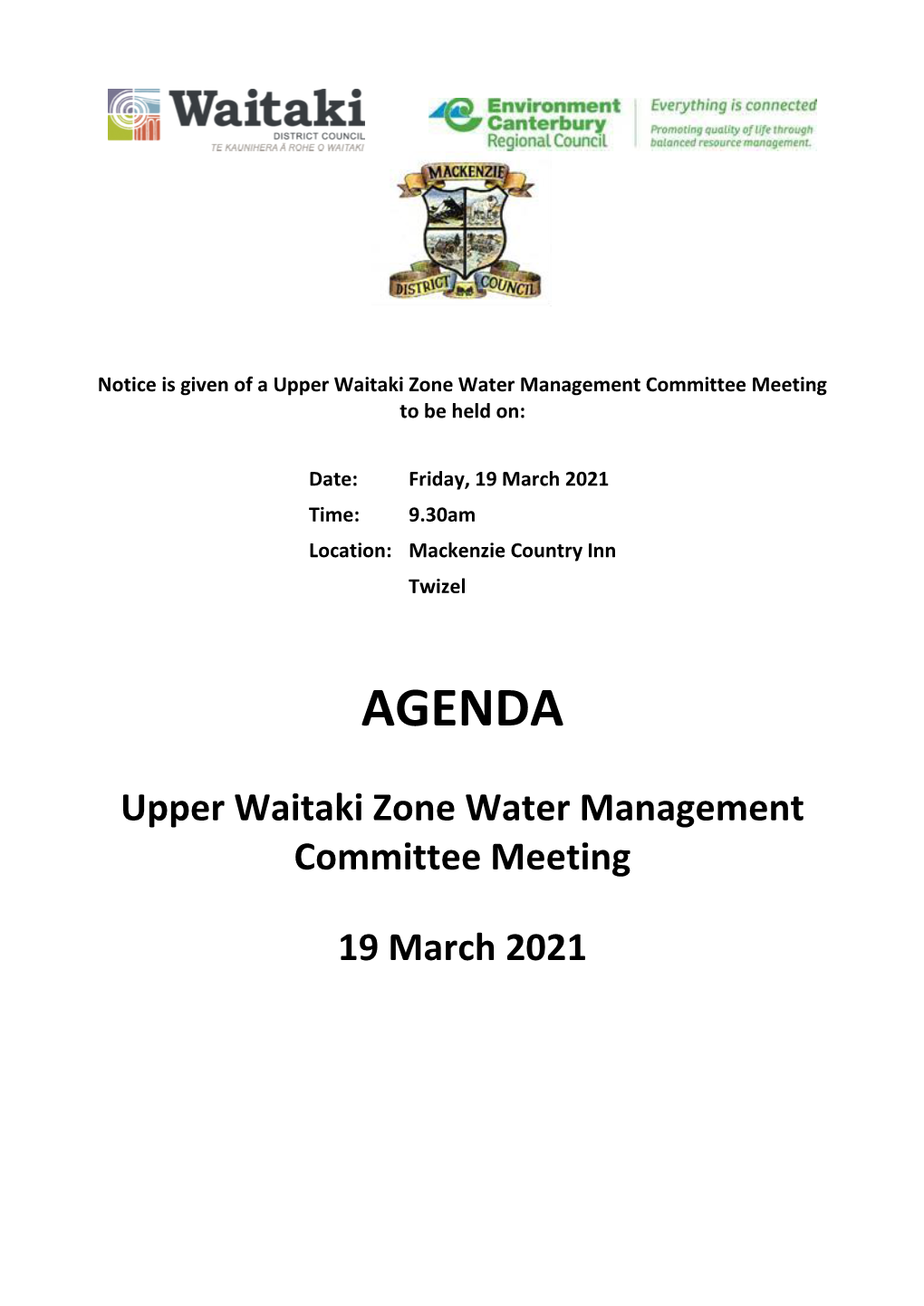 Agenda of Upper Waitaki Zone Water Management Committee Meeting