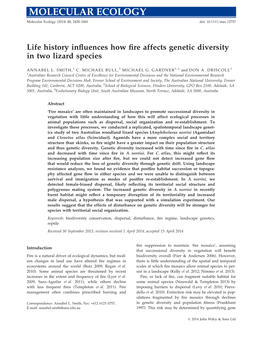 Life History Influences How Fire Affects Genetic Diversity in Two Lizard Species