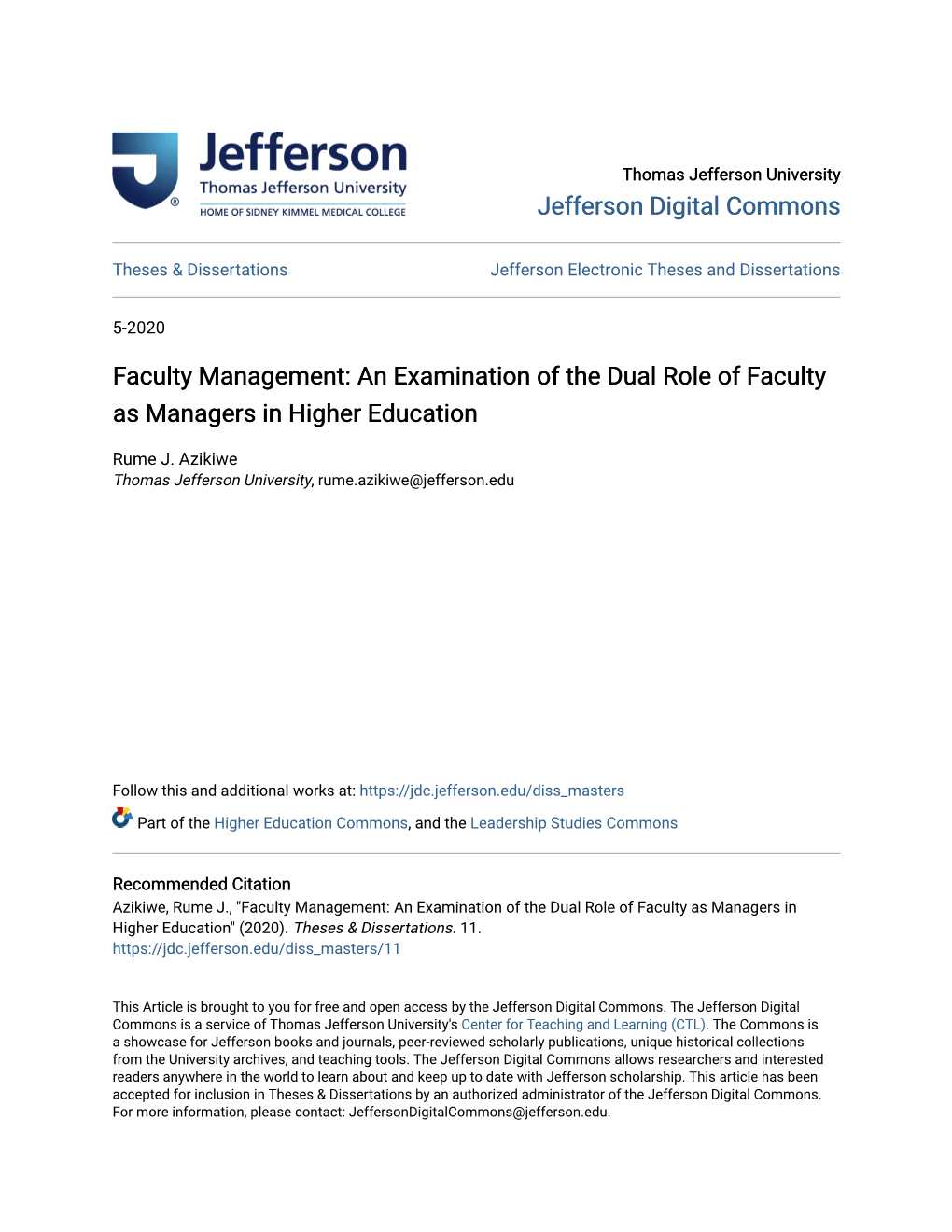 Faculty Management: an Examination of the Dual Role of Faculty As Managers in Higher Education