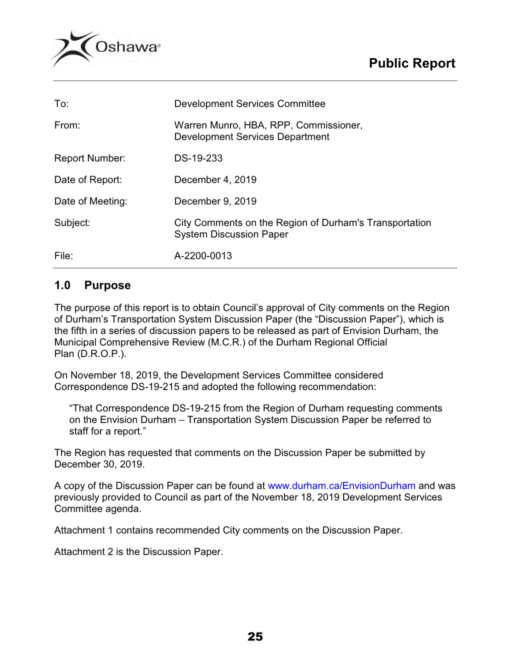 DS-19-233 City Comments on the Region of Durham's Transportation