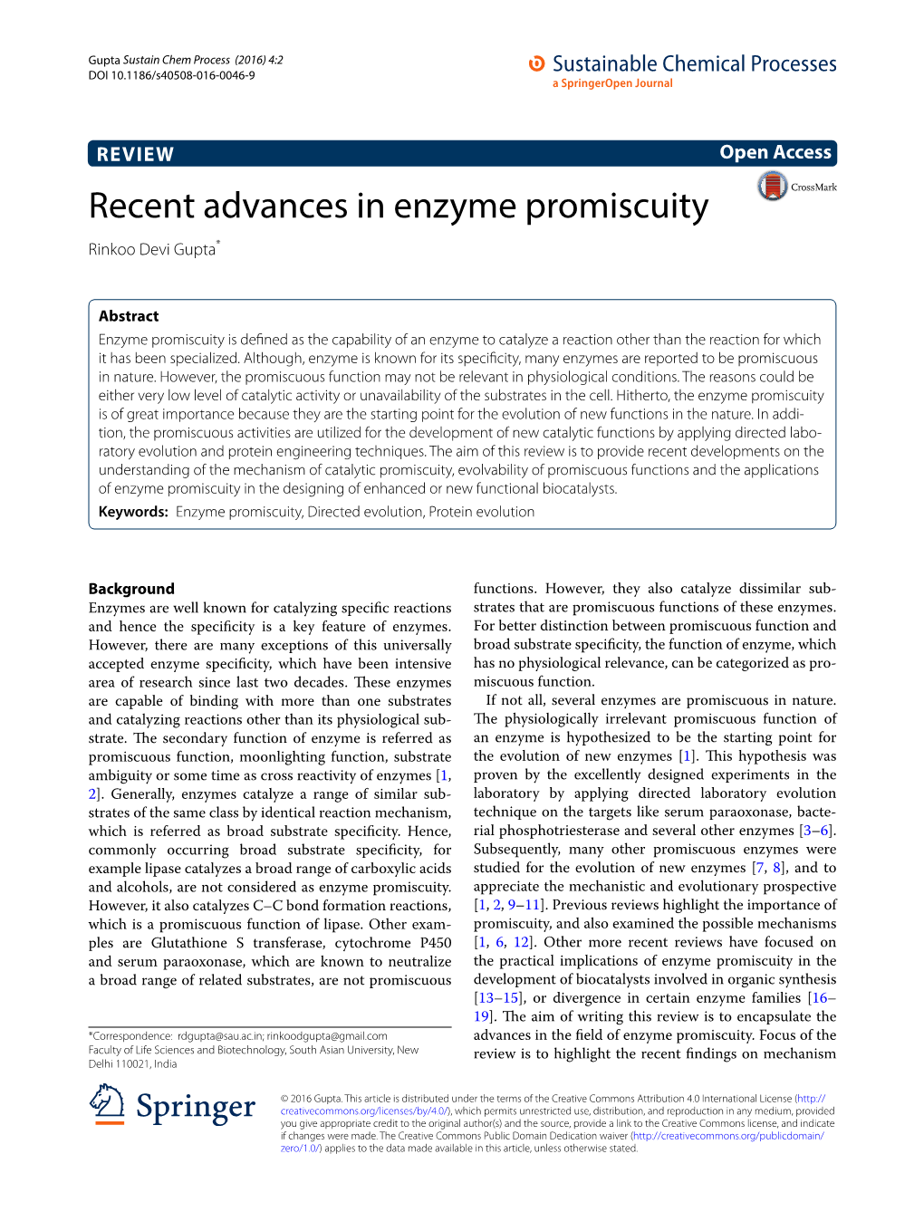 Recent Advances in Enzyme Promiscuity Rinkoo Devi Gupta*