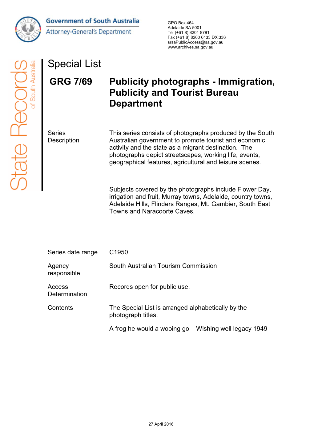 Immigration, Publicity and Tourist Bureau Department