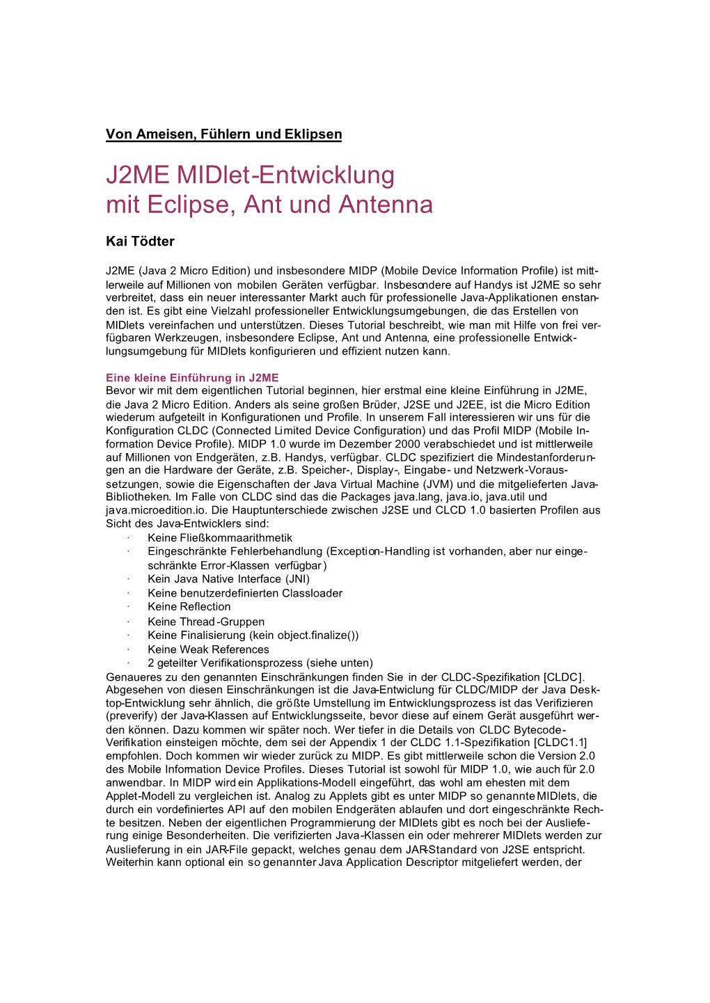 J2ME Midlet-Entwicklung Mit Eclipse, Ant Und Antenna