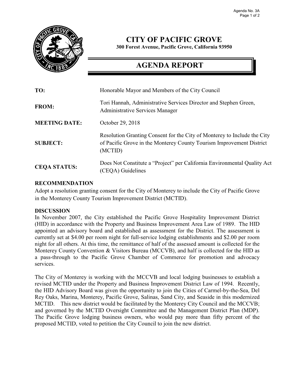 City of Pacific Grove Agenda Report