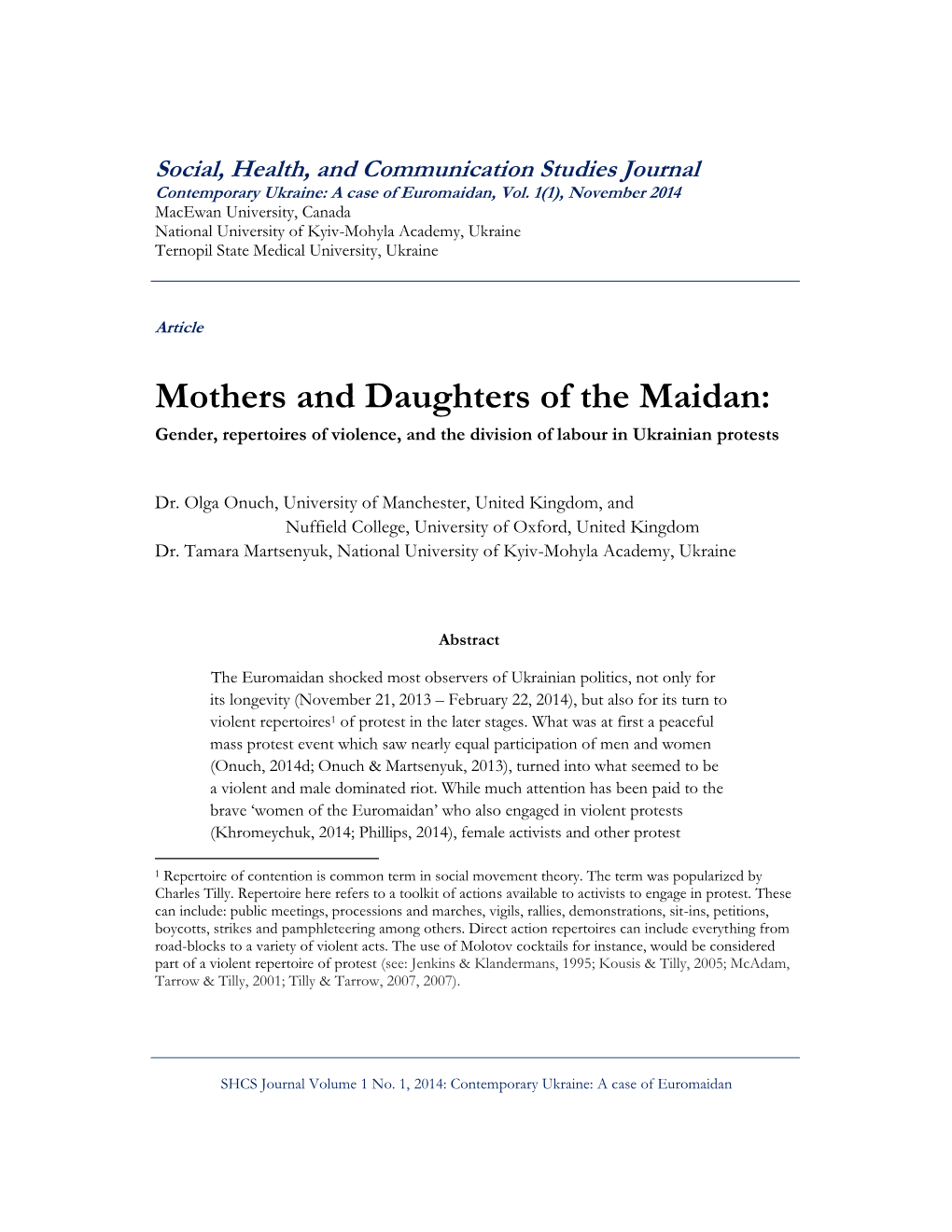 Mothers and Daughters of the Maidan: Gender, Repertoires of Violence, and the Division of Labour in Ukrainian Protests