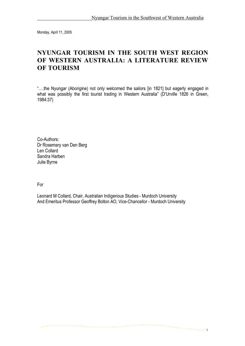 Nyungar Tourism in the South West Region of Western Australia: a Literature Review of Tourism