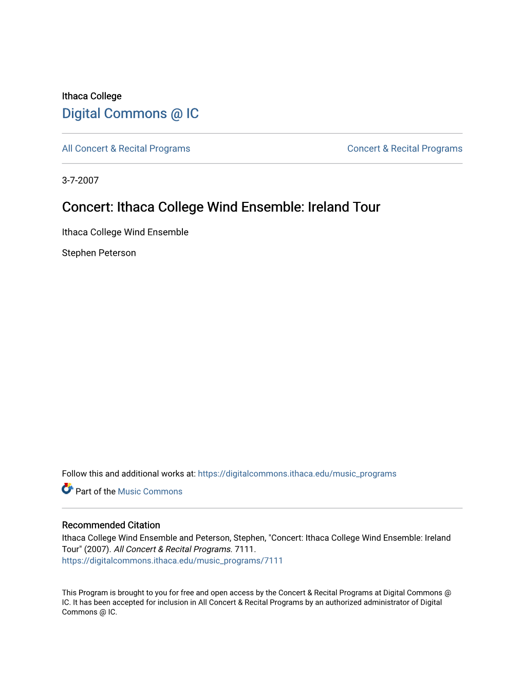 Concert: Ithaca College Wind Ensemble: Ireland Tour