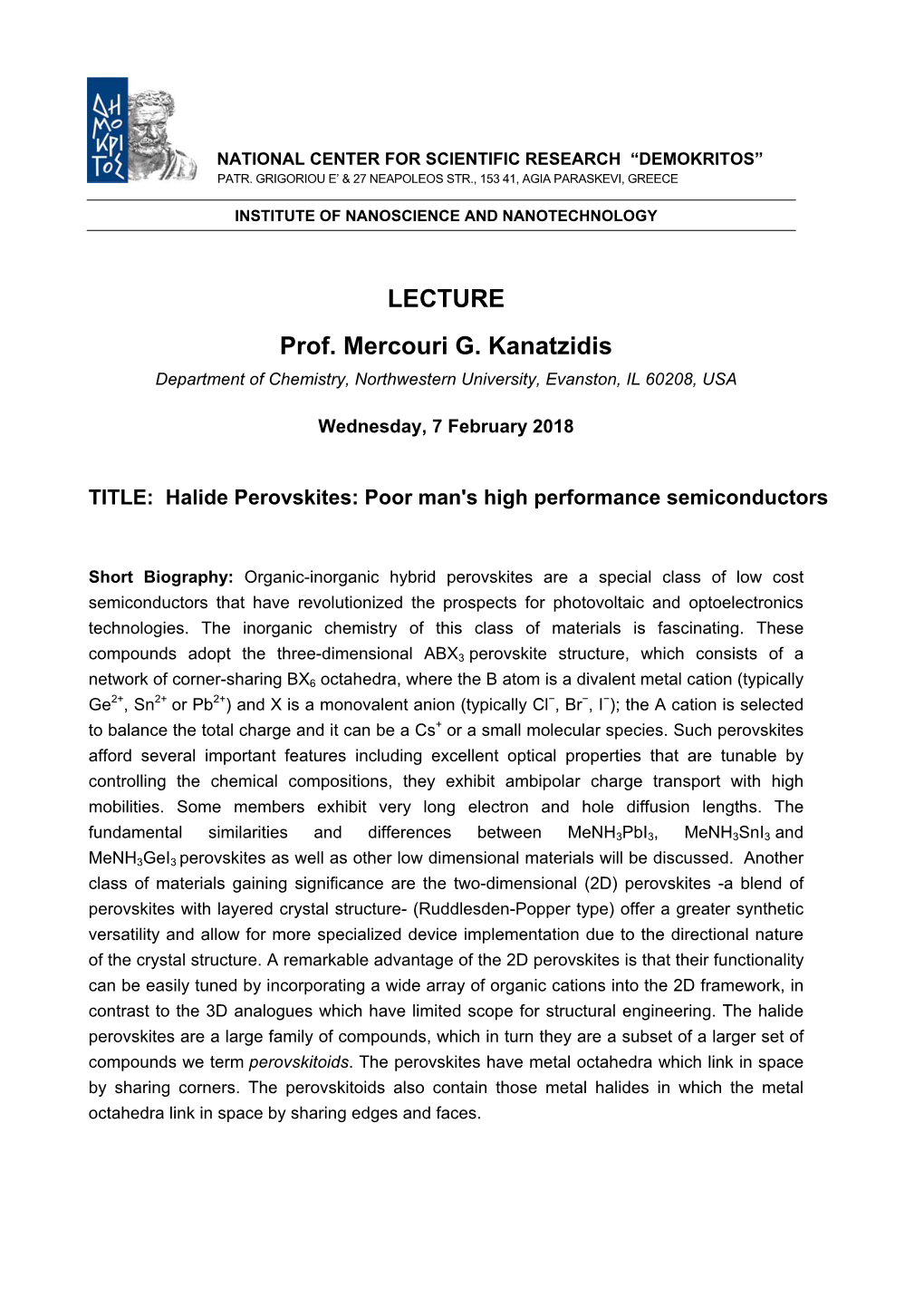 LECTURE Prof. Mercouri G. Kanatzidis Department of Chemistry, Northwestern University, Evanston, IL 60208, USA