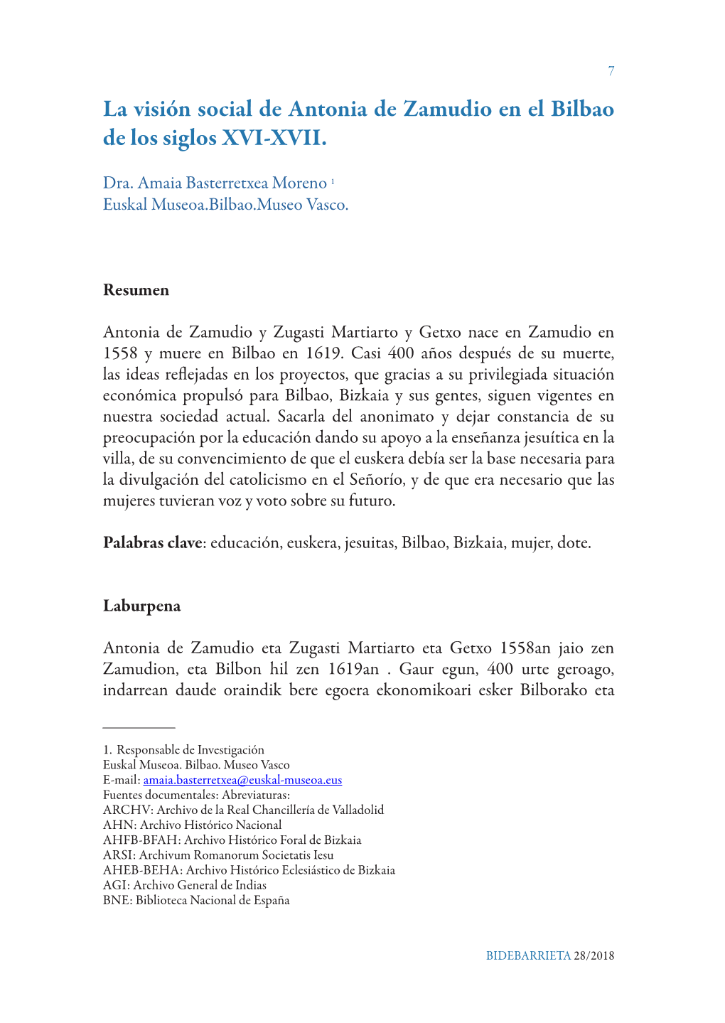 La Visión Social De Antonia De Zamudio En El Bilbao De Los Siglos XVI-XVII