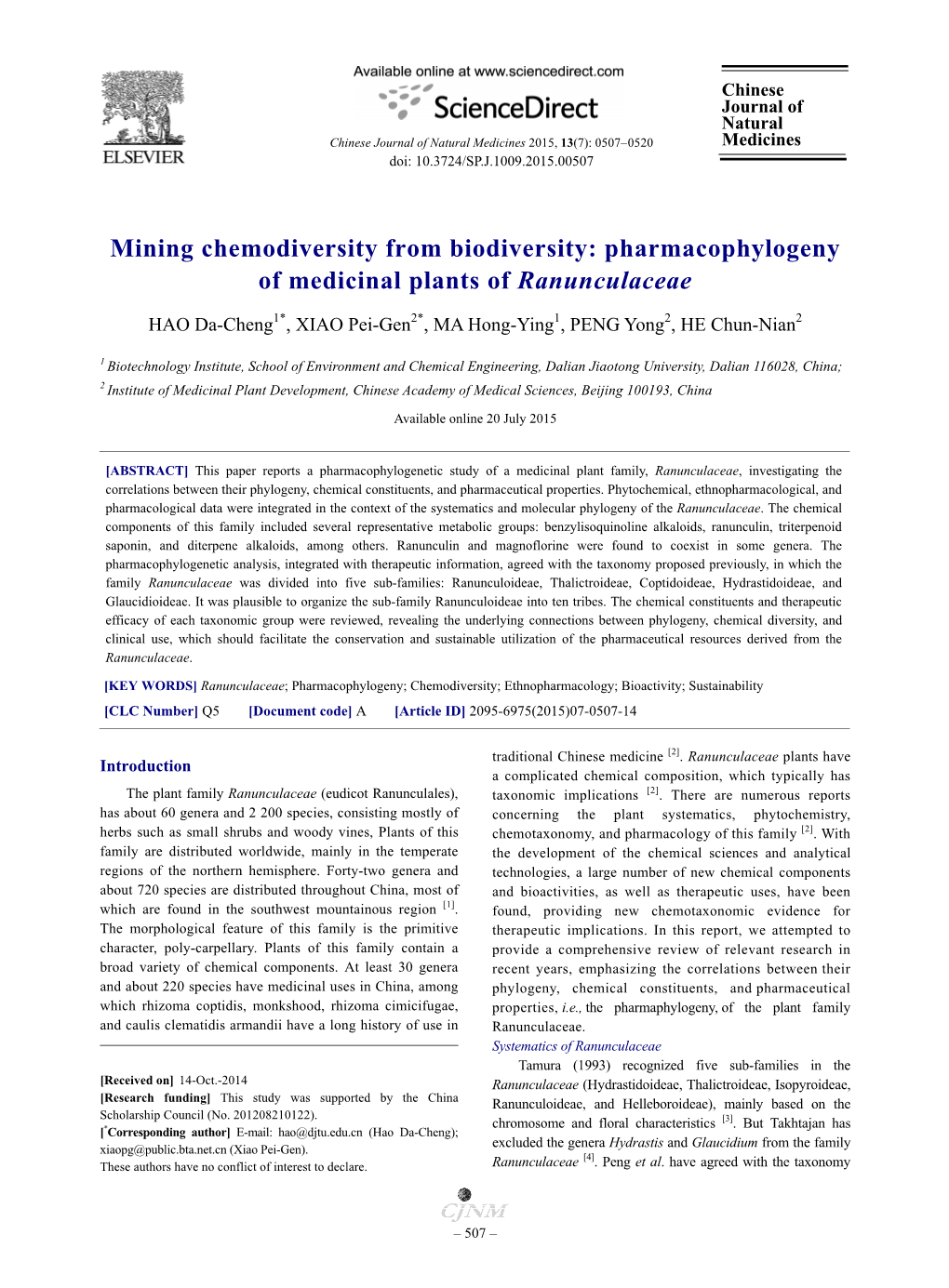 Pharmacophylogeny of Medicinal Plants of Ranunculaceae