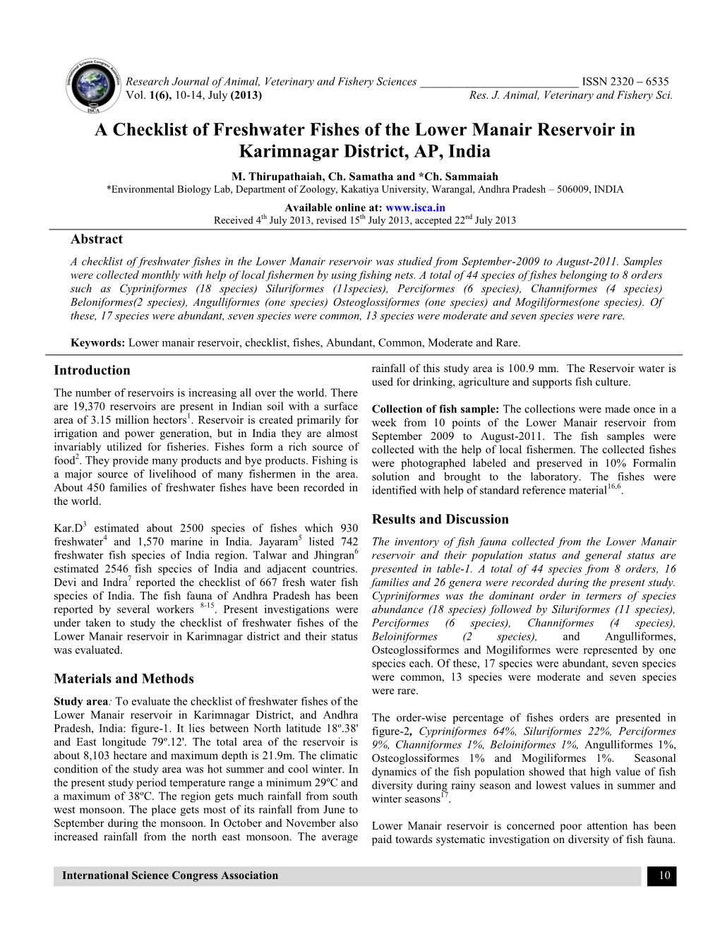 A Checklist of Freshwater Fishes of the Lower Manair Reservoir in Karimnagar District, AP, India