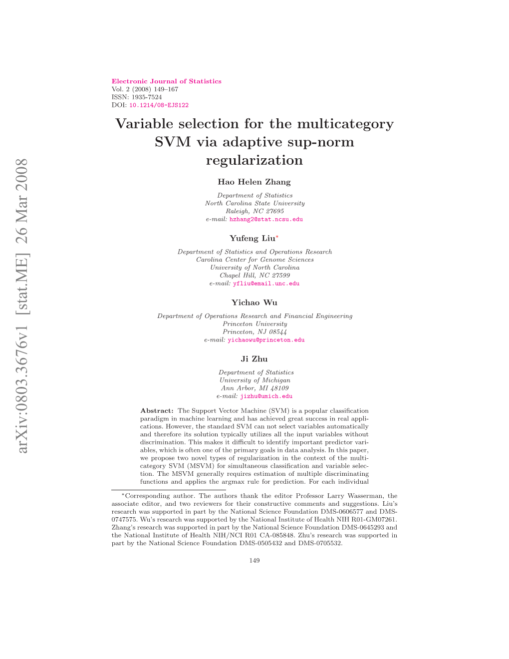 Variable Selection for the Multicategory SVM Via Adaptive Sup