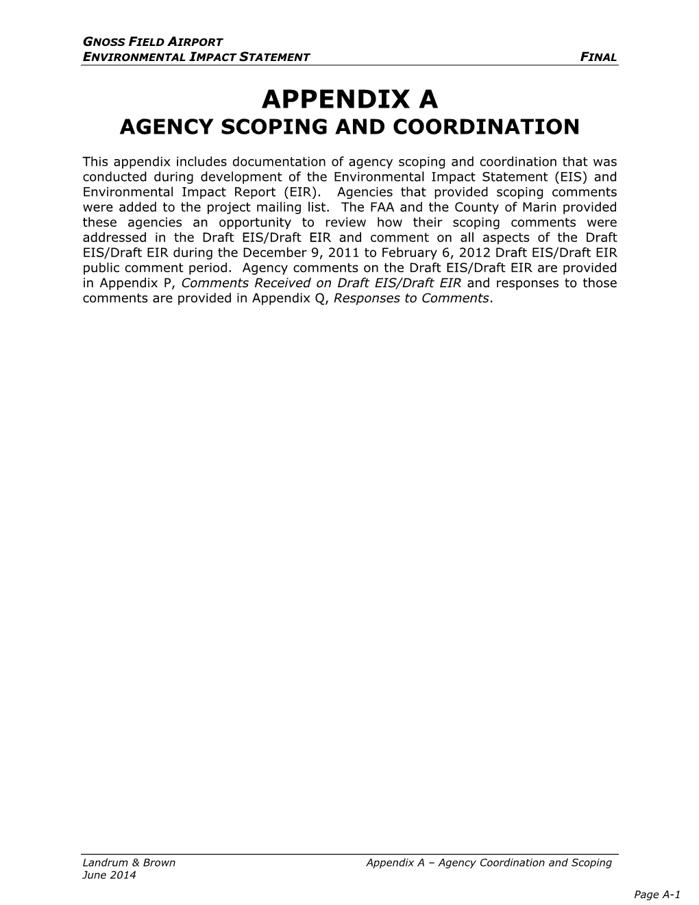 Appendix a Agency Scoping and Coordination