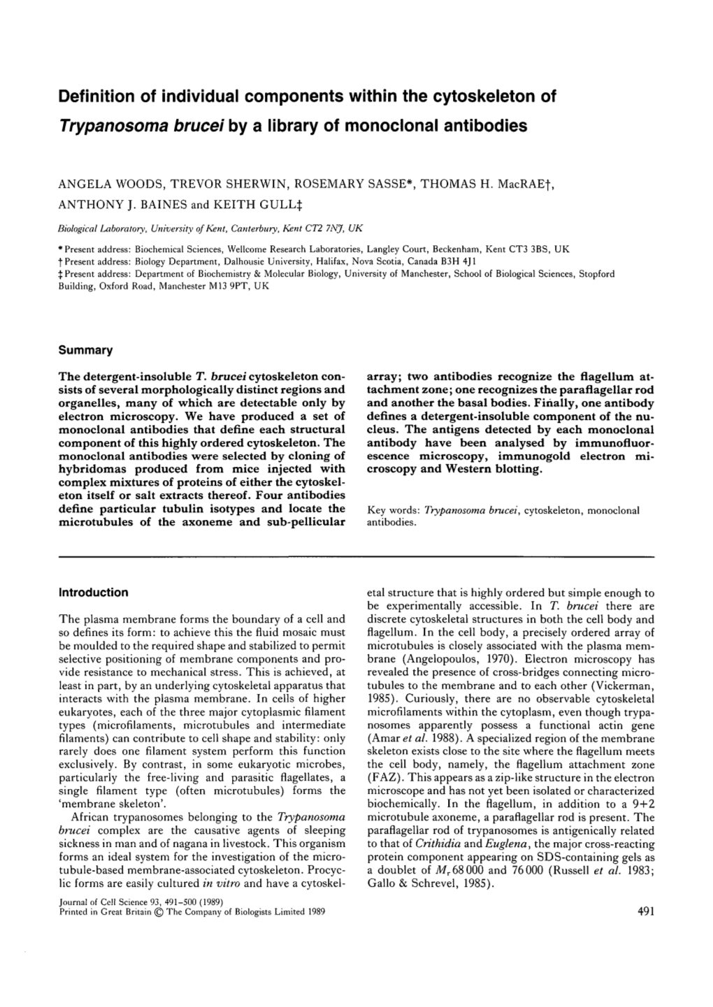 Definition of Individual Components Within the Cytoskeieton of Trypanosoma Brucei by a Library of Monoclonal Antibodies