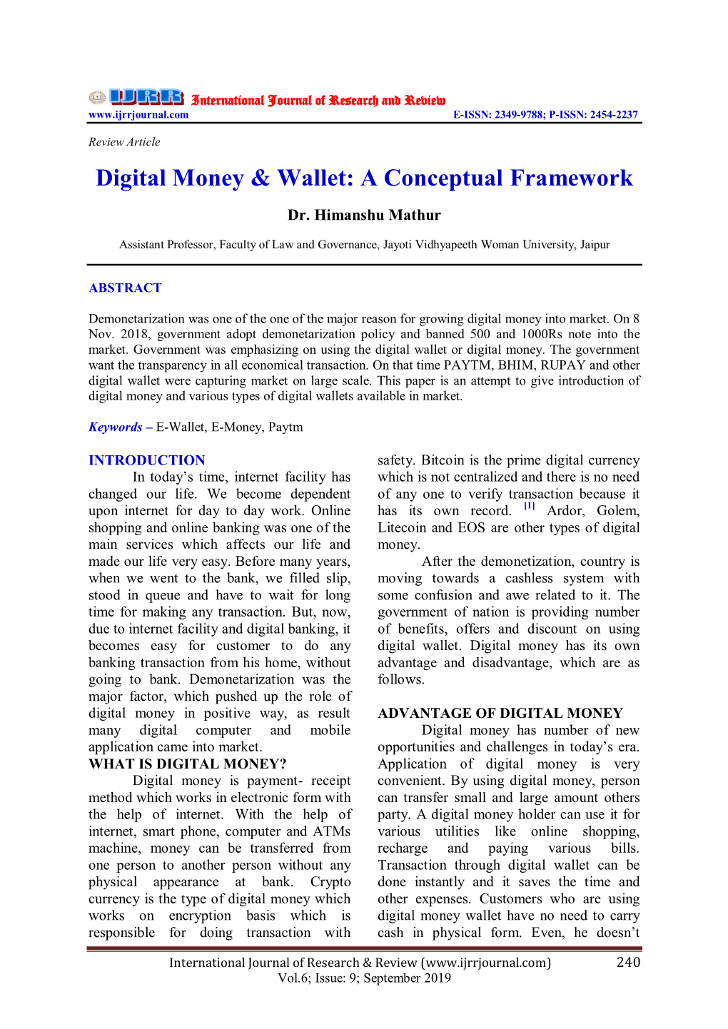 Digital Money & Wallet: a Conceptual Framework