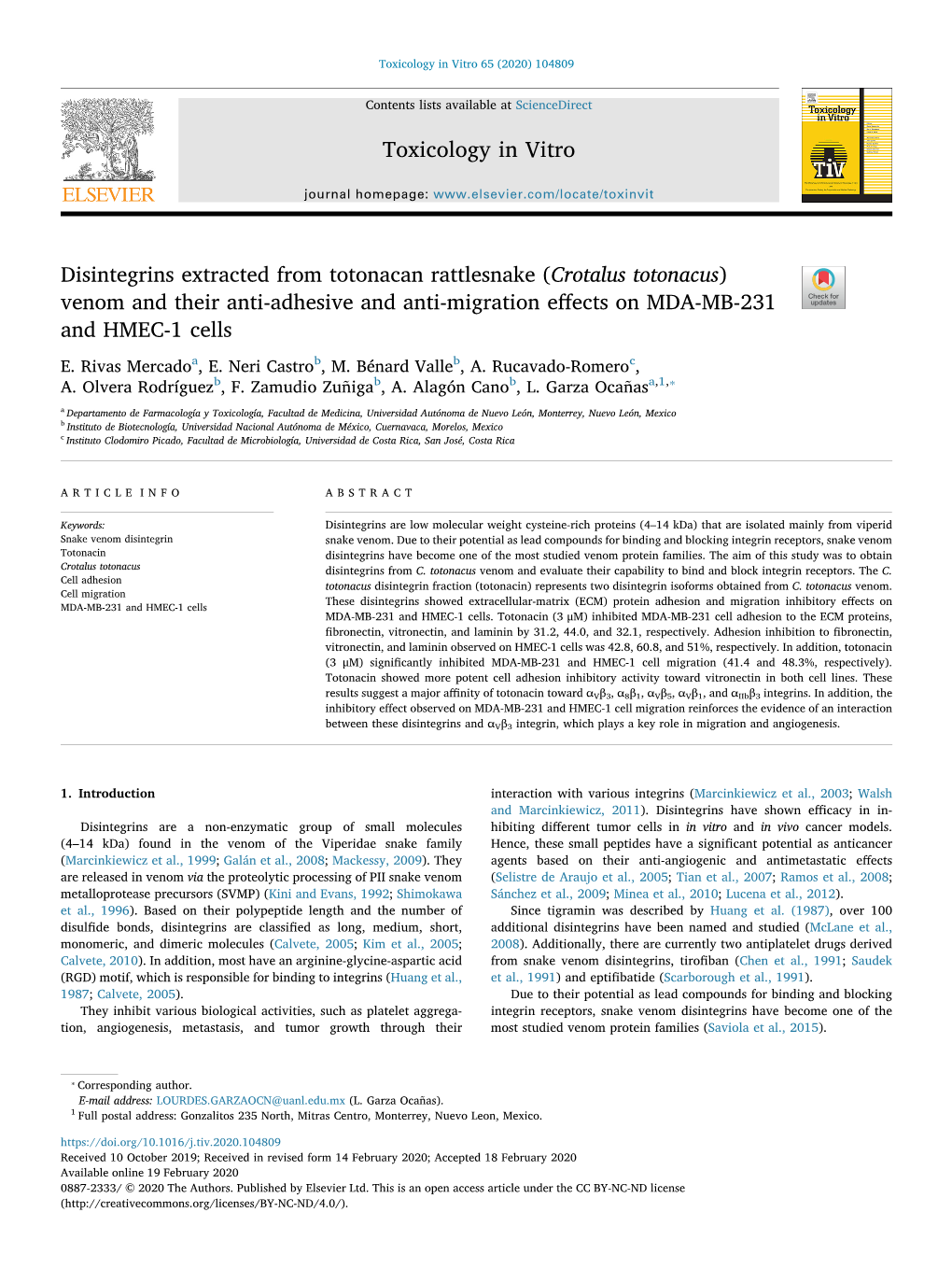 Disintegrins Extracted from Totonacan Rattlesnake (Crotalus Totonacus) Venom and Their Anti-Adhesive and Anti-Migration Eﬀects on MDA-MB-231 T and HMEC-1 Cells