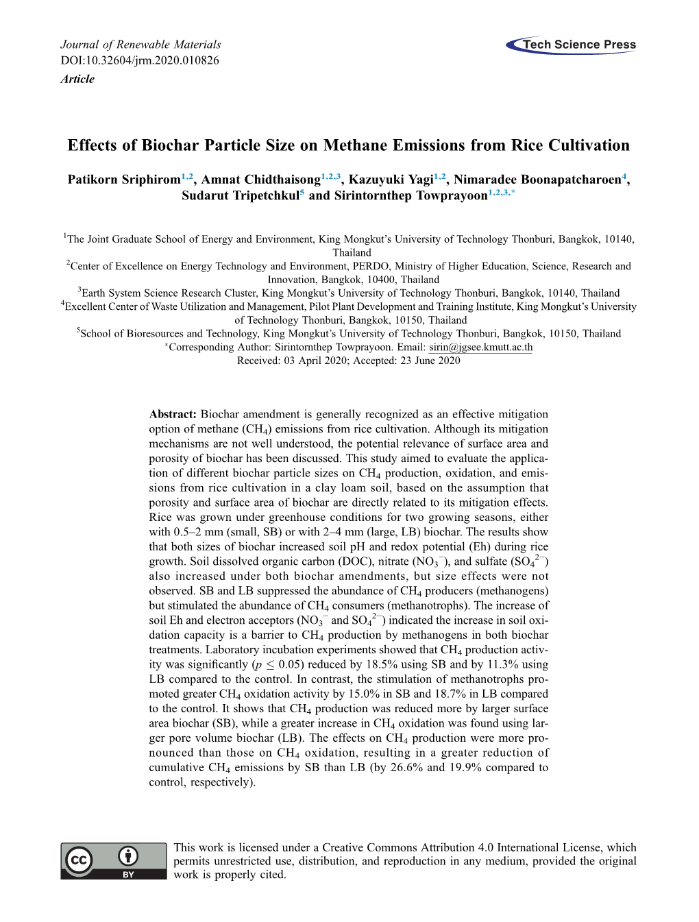 Effects of Biochar Particle Size on Methane Emissions from Rice Cultivation