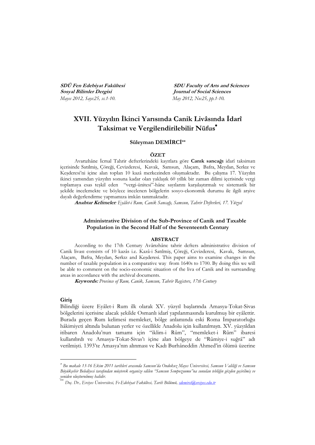 XVII. Yüzyılın İkinci Yarısında Canik Livâsında İdarî Taksimat Ve Vergilendirilebilir Nüfus∗