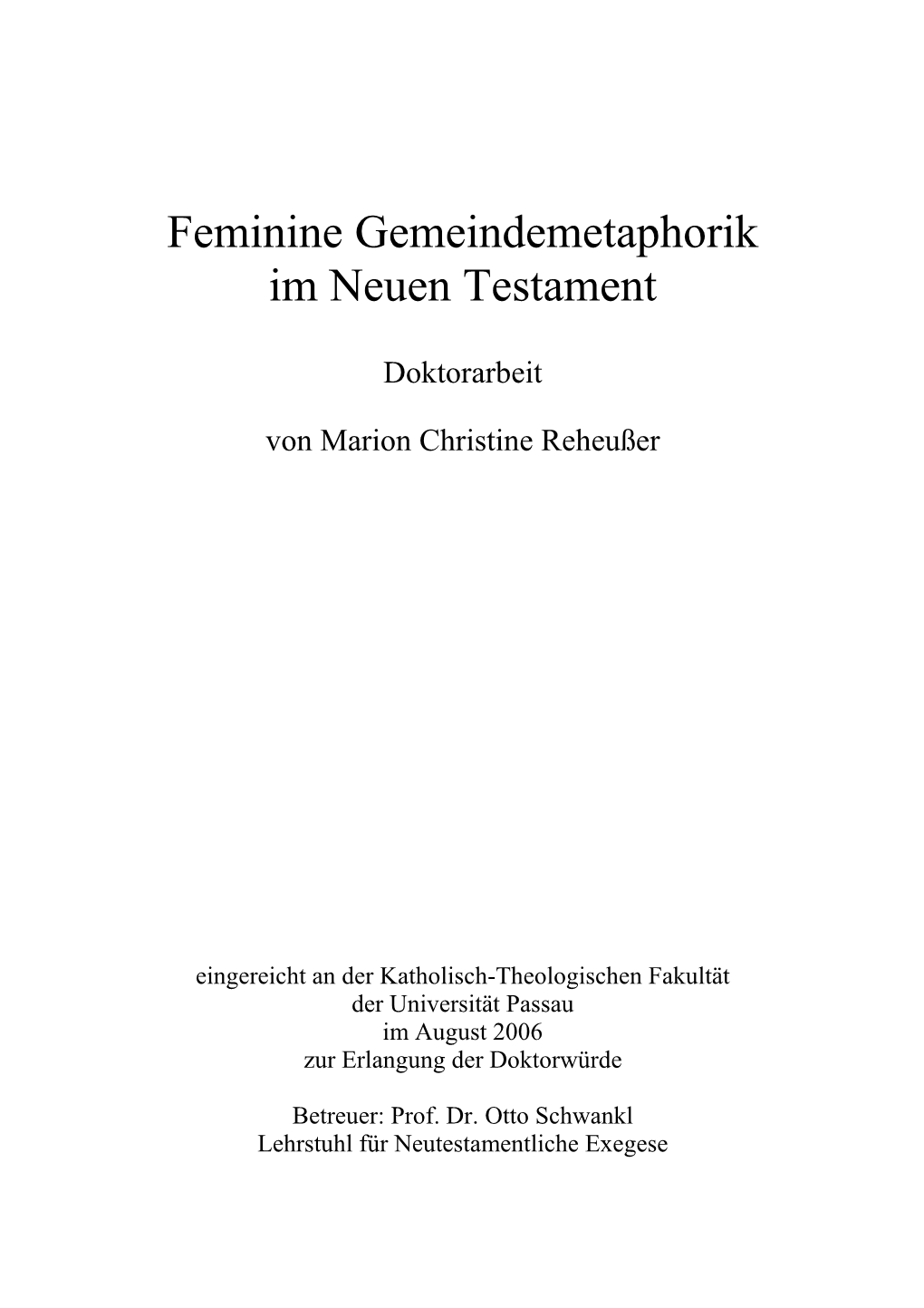 Feminine Gemeindemetaphorik Im Neuen Testament