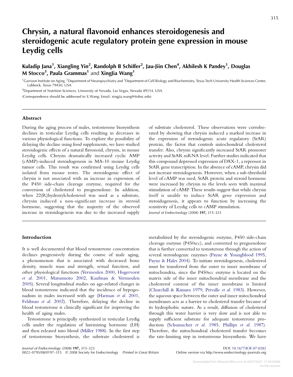 Chrysin, a Natural Flavonoid Enhances Steroidogenesis and Steroidogenic