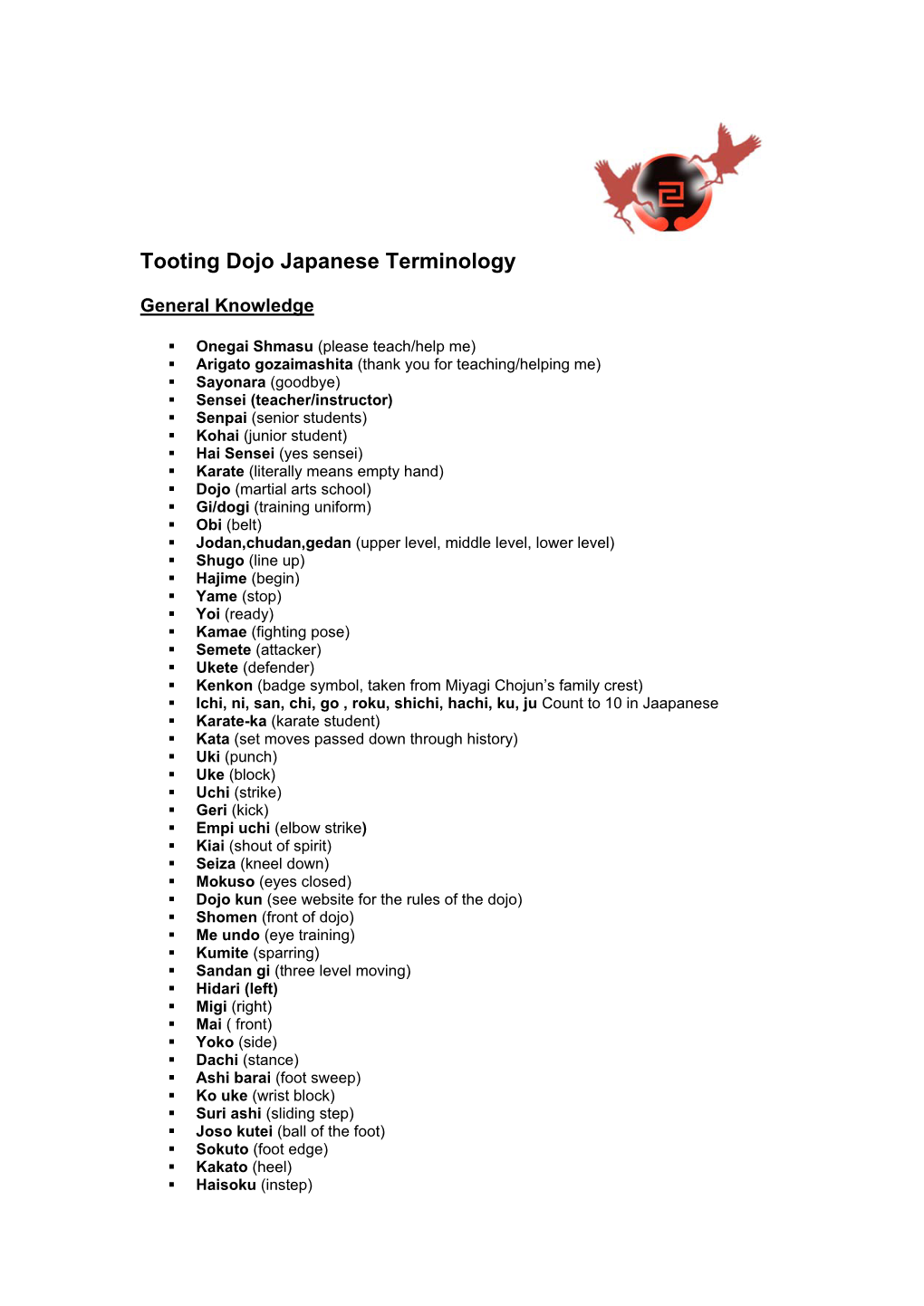 Tooting Dojo Japanese Terminology