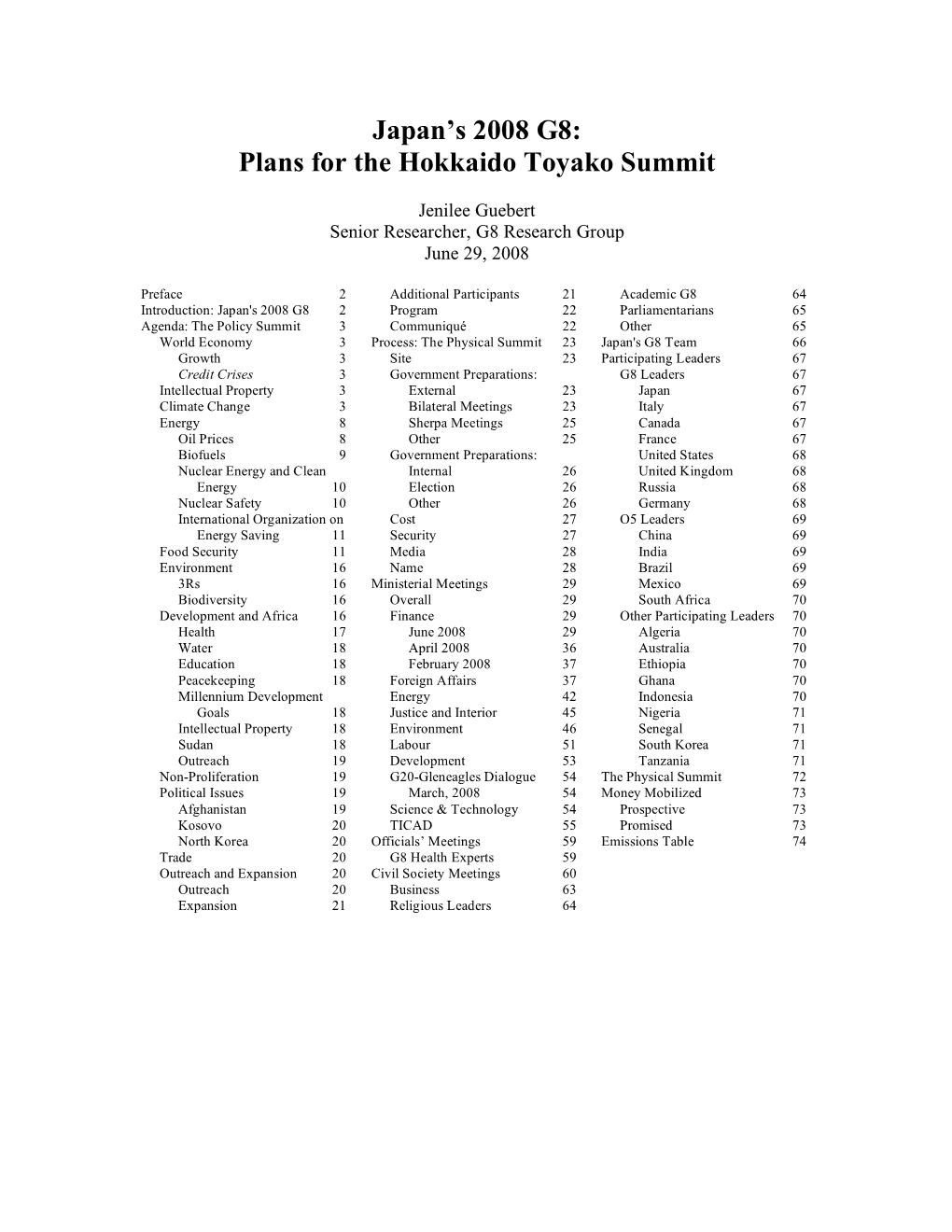 Japan's 2008 G8: Plans for the Hokkaido Toyako Summit