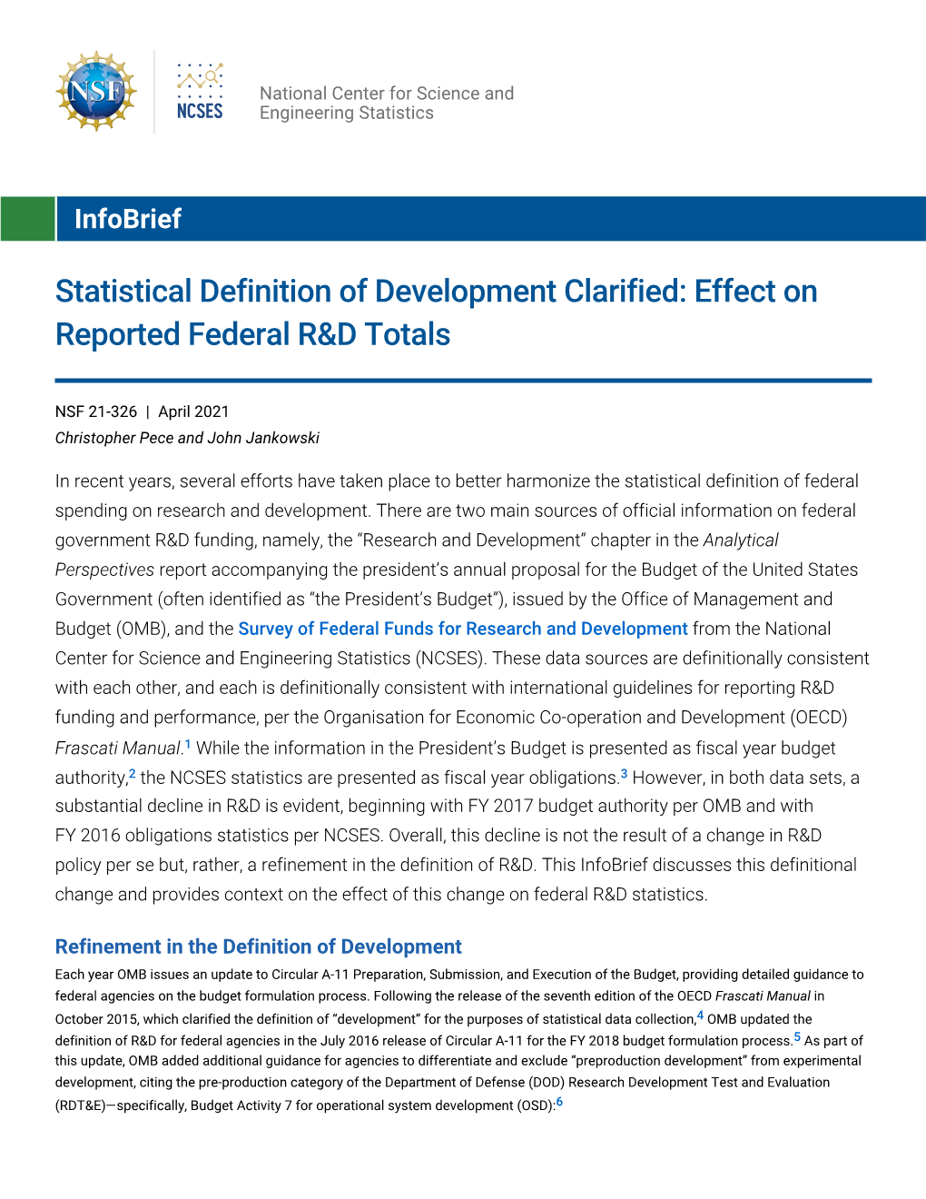 NSF 21-326 Statistical Definition of Development Clarified: Effect on Reported Federal R&D Totals